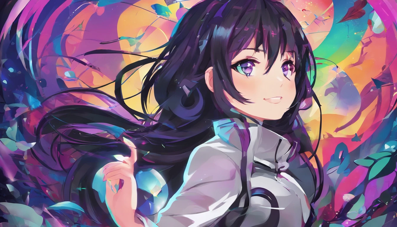 Una chica, cuerpo entero, cabello largo negro con morado, ojos grandes y azules, parada de frente, Avatar 2D, gamer girl, ropa ajustada, orejas de gato, sonrisa, latina, caucasica, senos grandes, muslos grandes, small waist, sonrojada.
