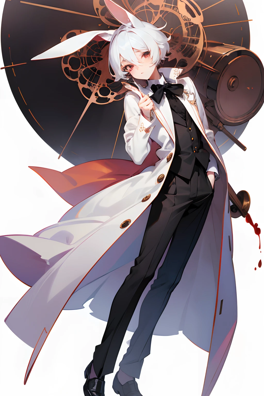 Masterpiece, perfect face, best quality, highest quality, 1boy, male character, short hair, male, anime boy, white hair, red eyes, chin length hair, creepy, yami kawaii, bunny ears, kemonomimi, white lace shirt, Peter Pan collar, white skin, black bow around neck, detailed lace, original character, detailed design, unique design, many accessories, eyebags, under eye bags, under eye lashes, twink, skinny, starving, full body drawing, for commission, adoptable, white outfit, full-body, no background, creepy cute, wearing shorts, wearing coat, short coat,, all white outfit, male character, anime boy, white background, empty background, full body, rose gold slacks, rose gold cuffs, loose ruffled shirt, dark eyes, slim hands, vintage-style outfit, one character, pumps, holding cane, magician, bones, blood