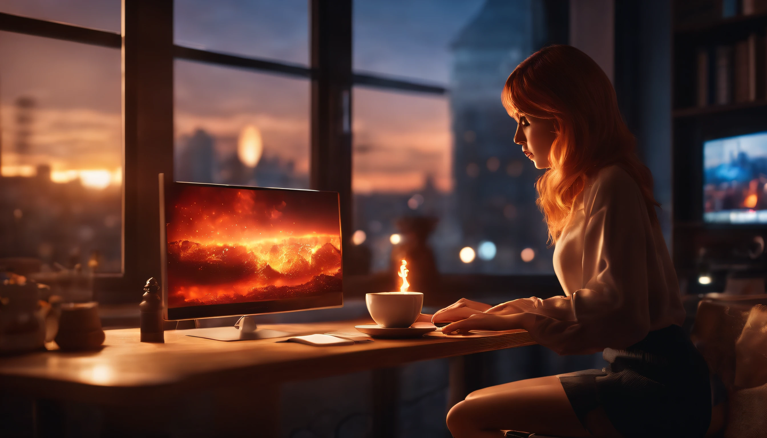 anime girl working on pc. cup of coffe and lava lamp on table. window with city background.