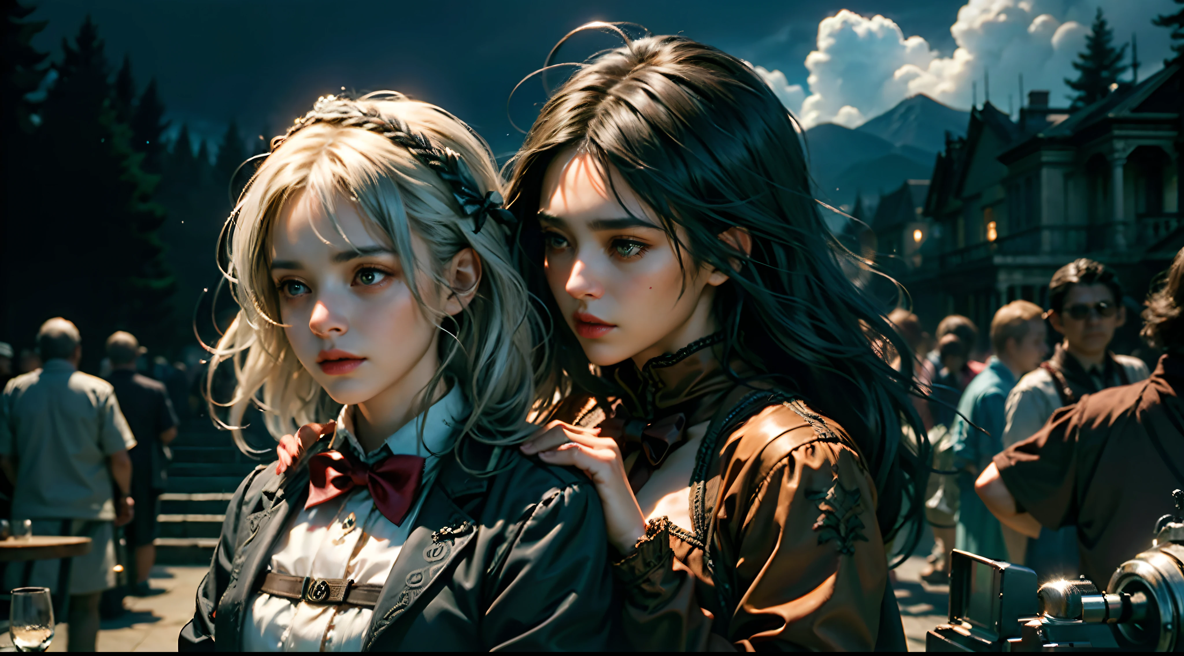 background is dark storm clouds, mood is apprehensive, frustrating, ambiguous, inscrutable, eerie night time light, character design, 1girl, masterpiece, best quality, 8k, detailed skin texture, detailed cloth texture, beautiful detailed face, intricate details, ultra detailed, Alice in Wonderland, (a bow on her head:1.1), upper body