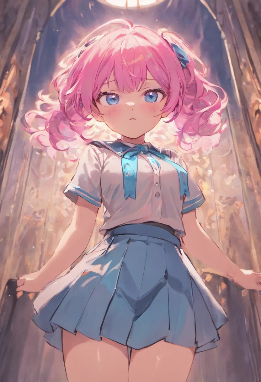 Pink haired girl with blue eyes and a chubby face. She is weareing a a colledge uniform that is to small for her. Her buttons are straining and her fat belly is exposed. Her butt is big but fits in her skirt nicly