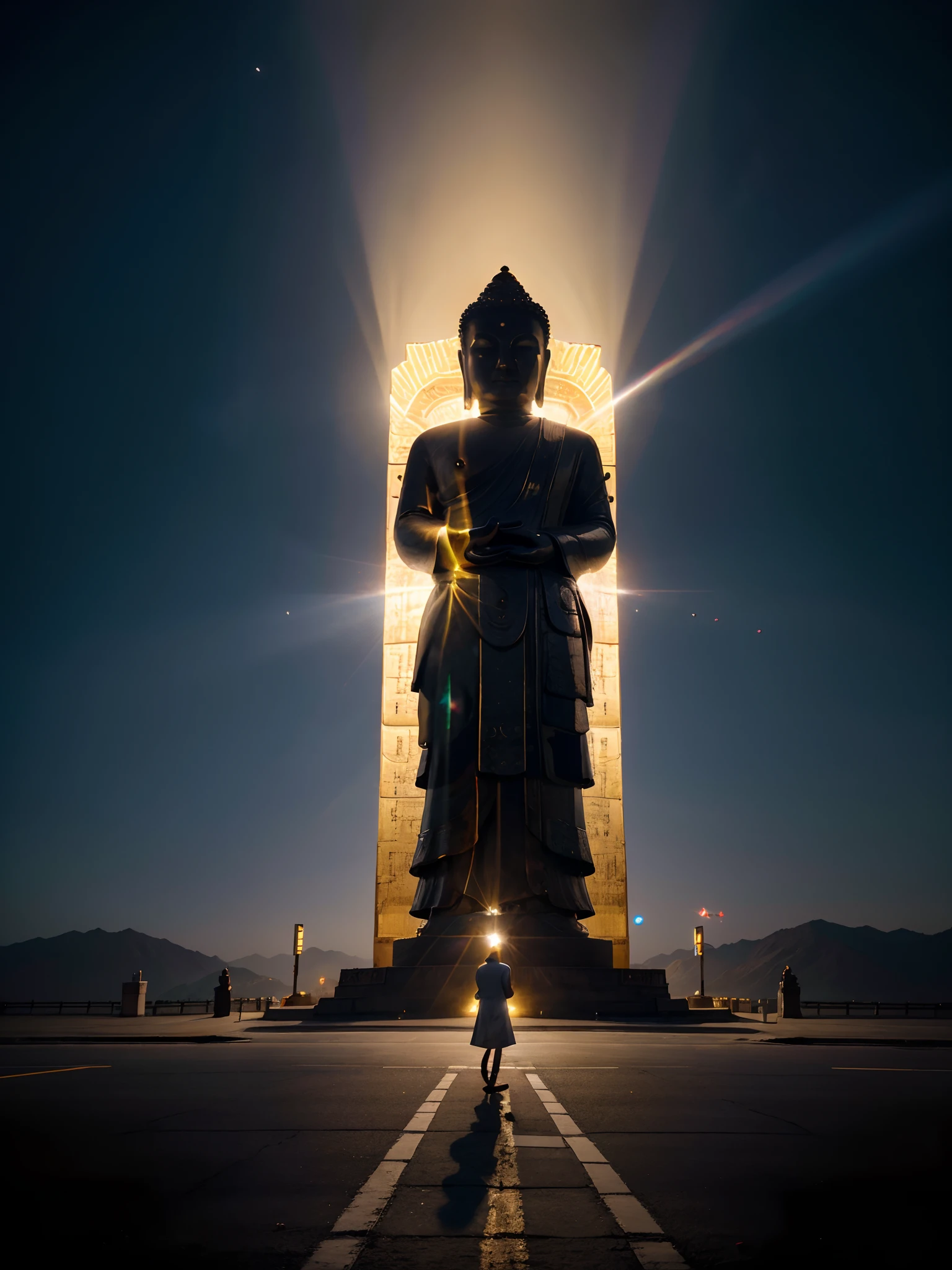 China-style,In the distance, A huge tall Buddha statue stands in space,Gaze at the earth,Standing Buddha statue,with light glowing,Glow effects,Pilgrims on the road,Hyper-realistic,Ultra photo realsisim,Real Photographics,8K,High definition,high qulity,Wor...