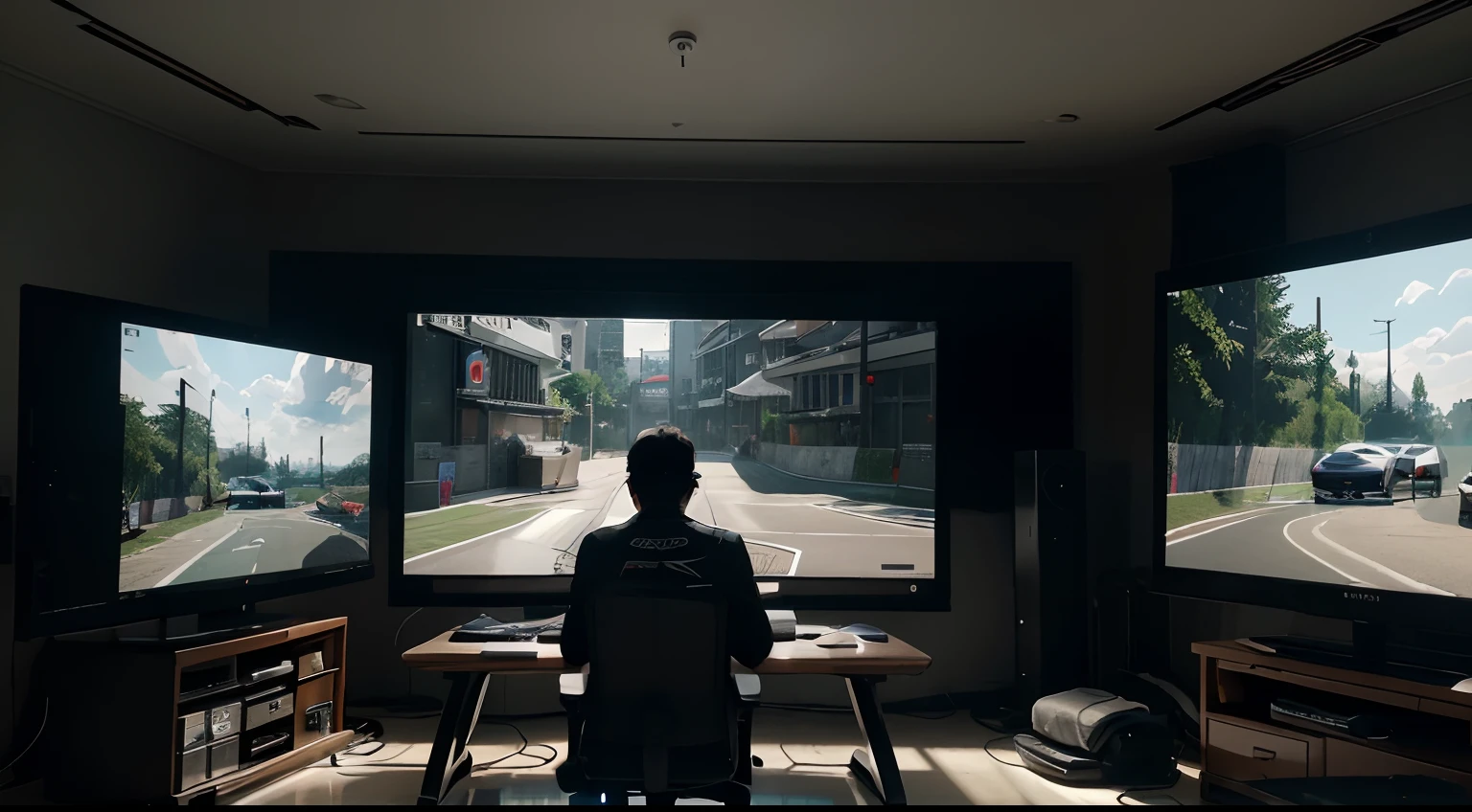 a boy is playing forza racing game at a modern computer with triple screen in a room full of gadgets, snown ,web developer, by makoto shinkai and ghibli studio, outlined silhouettes, dramatic lighting, highly detailed, incredible quality, trending on artstation, masterpiece, 8k,