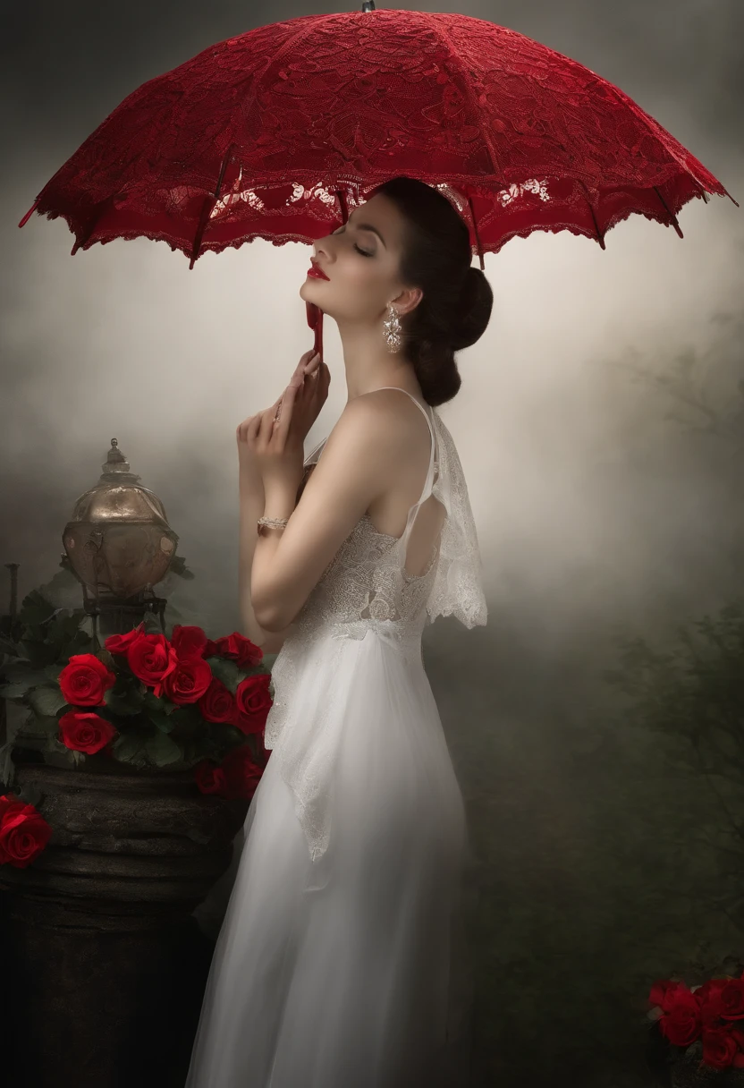 On a dark and mysterious night, a gorgeous lace umbrella set off the moonlight. It is red, bright as blood, and awe inspiring. The umbrella is densely covered with exquisite lace, as if it were an artwork woven by the power of darkness. The handle of the umbrella is adorned with a chain that shines like pearls, each pearl exuding a mysterious charm. These pearls emit a faint light, as if illuminating an unknown secret in the darkness. The most eye-catching thing is the decoration on the top of the umbrella - a bright red rose skull. The unfolding posture of the rose petals is like the sharp teeth of a vampire, and the details emit a terrifying and beautiful atmosphere. The skull with deep eyes is adorned with blood red gemstones, as if it can glimpse the secret of death. The existence of lace umbrellas brings a mysterious and gloomy atmosphere, which makes one involuntarily imagine a world full of dark fantasy. It is a unique and eerie artwork that evokes curiosity and awe towards unknown forces. --ar 1:1 --v 5.2