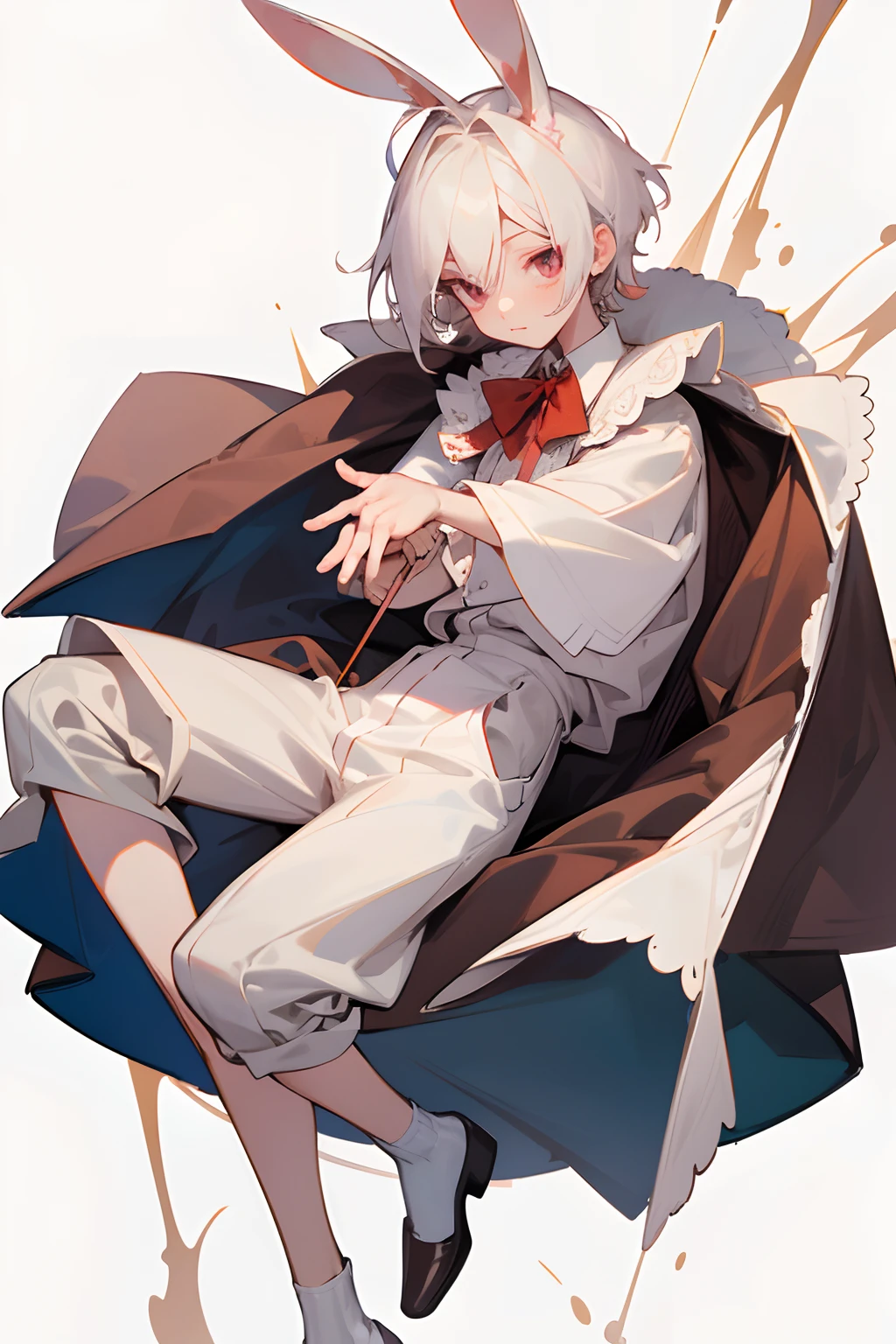 Masterpiece, perfect face, best quality, highest quality, 1boy, male character, short hair, male, anime boy, white hair, red eyes, chin length hair, creepy, yami kawaii, bunny ears, white lace shirt, Peter Pan collar, white skin, bow around neck, detailed lace, original character, detailed design, unique design, many accessories, eyebags, under eye bags, under eye lashes, twink, skinny, starving, full body drawing, for commission, adoptable, white outfit, full-body, no background, creepy cute, wearing shorts, wearing coat, short coat,, all white outfit, male character, anime boy, white background, empty background, full body, rose gold slacks, rose gold cuffs, loose ruffled shirt, dark eyes, slim hands, vintage-style outfit, one character, pumps, holding cane, magician, bones, blood, bunny ears, rabbit ears, nothing in background, pure white outfit, pure white skin, unnaturally white skin, white skin colour, albino, shorts, wearing loose shorts, shota, young man, lovelyboy, big bow on back,