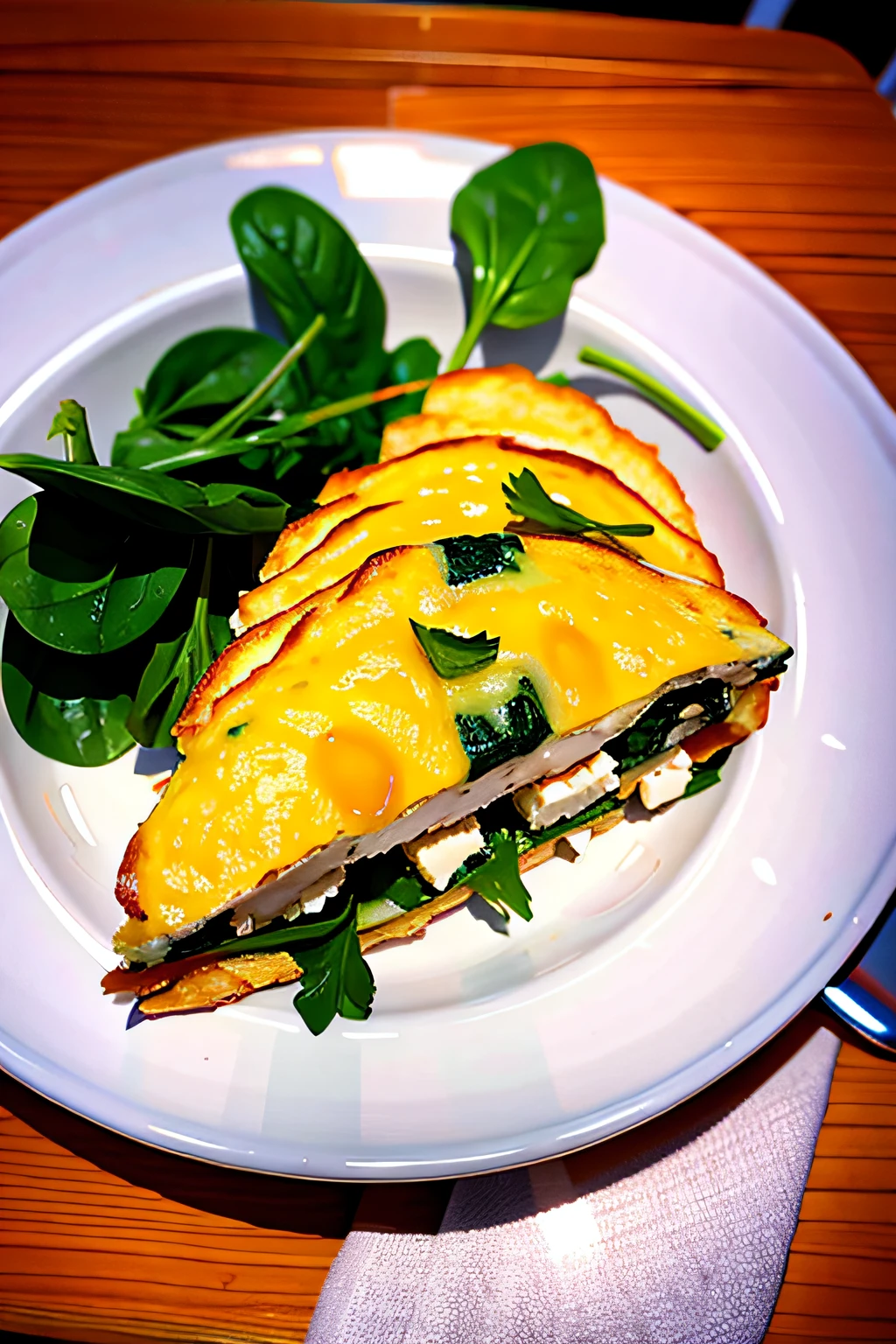 RAW photo, Spinach and feta omelette, professional colour grading, soft shadows, no contrast, clean sharp focus, foodphoto, hd