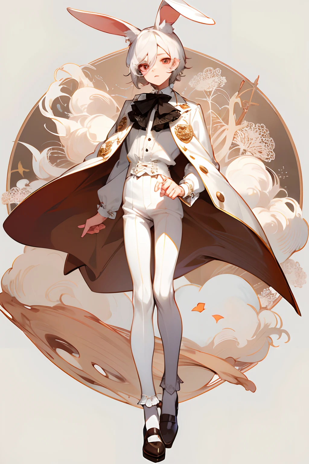 Masterpiece, perfect face, best quality, highest quality, 1boy, male character, short hair, male, anime boy, white hair, red eyes, chin length hair, creepy, yami kawaii, bunny ears, white lace shirt, Peter Pan collar, white skin, bow around neck, detailed lace, original character, detailed design, unique design, many accessories, eyebags, under eye bags, under eye lashes, twink, skinny, starving, full body drawing, for commission, adoptable, white outfit, full-body, no background, creepy cute, wearing shorts, wearing coat, short coat,, all white outfit, male character, anime boy, white background, empty background, full body, rose gold slacks, rose gold cuffs, loose ruffled shirt, dark eyes, slim hands, vintage-style outfit, one character, pumps, holding cane, magician, bones, blood, bunny ears, rabbit ears, nothing in background, pure white outfit, pure white skin, unnaturally white skin, white skin colour, albino, shorts, wearing loose shorts, shota, young man, lovelyboy, big bow on back, fluffy hair, puffy shorts, ruffled socks, slim legs