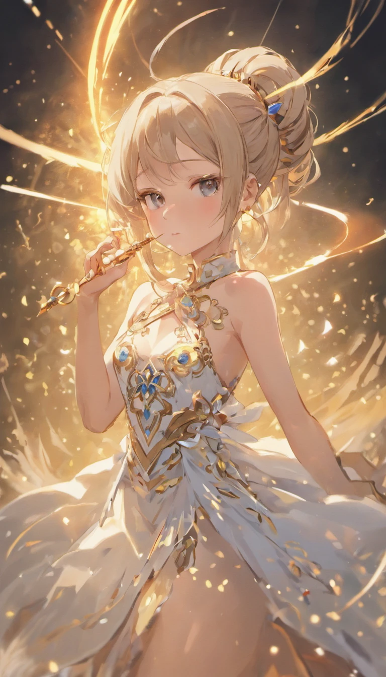 Best quality,tmasterpiece,A high resolution,CG, 1girll,Chinese actress Jiang Ying,arma,The sword,long whitr hair,shift dresses,Eau,(Temptation 1.5),独奏,jewely,white dresses,耳Nipple Ring,hair adornments,spatter,The upper part of the body,hair-bun,brunette color hair, illuminating,Frankness,photore,A high resolution,8K,Bokeh,(Depth of field 0.5),high detal