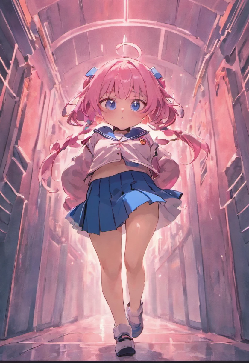 Adult pink haired girl with blue eyes and a chubby face. She is weareing a a colledge uniform that is to small for her. Her buttons are straining and her fat belly is exposed. Her butt is big but fits in her skirt nicly. Clearly overweight and exhausted from walking.
