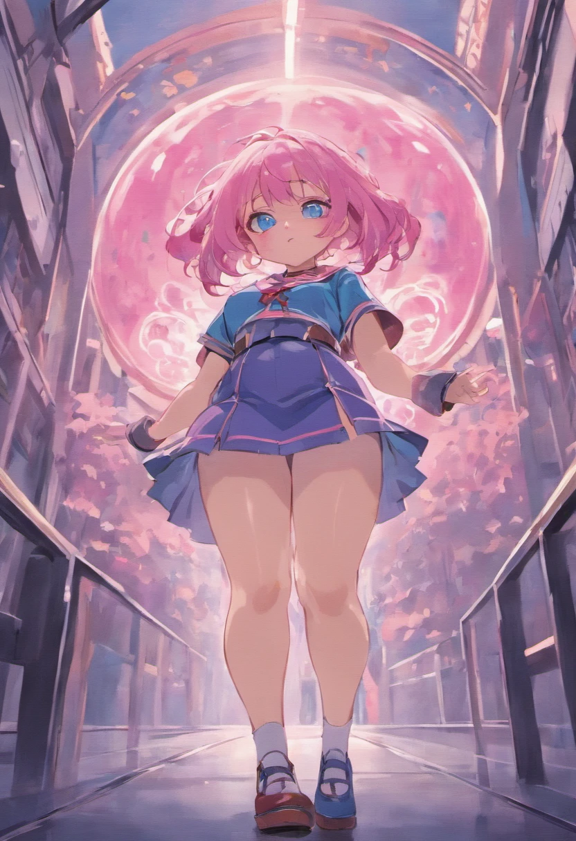 Adult pink haired girl with blue eyes and a chubby face. She is weareing a a colledge uniform that is to small for her. Her buttons are straining and her fat belly is exposed. Her butt is big but fits in her skirt nicly. Clearly overweight and exhausted from walking.