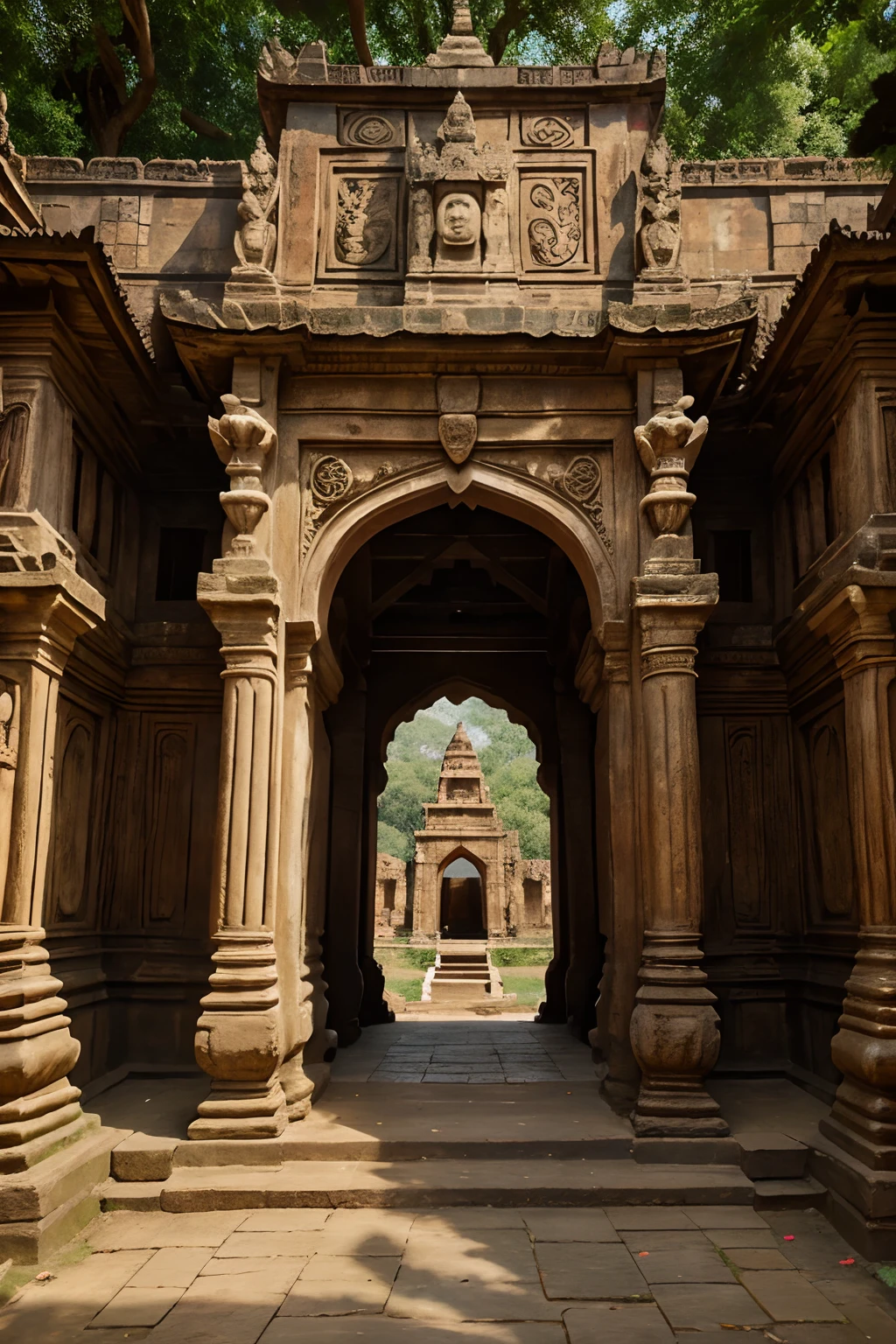 painting of gigantic ancient city gate of  Dvaravati art ,Si Thep Historical Park,laterite stone and wood architecture,Candi Plaosan ,  ajanta cave gate,with guardian statue between gate, 
,phyperrealism, high quality, photorealism, 128k, UHD,bird eye view,baroque landscape painting,