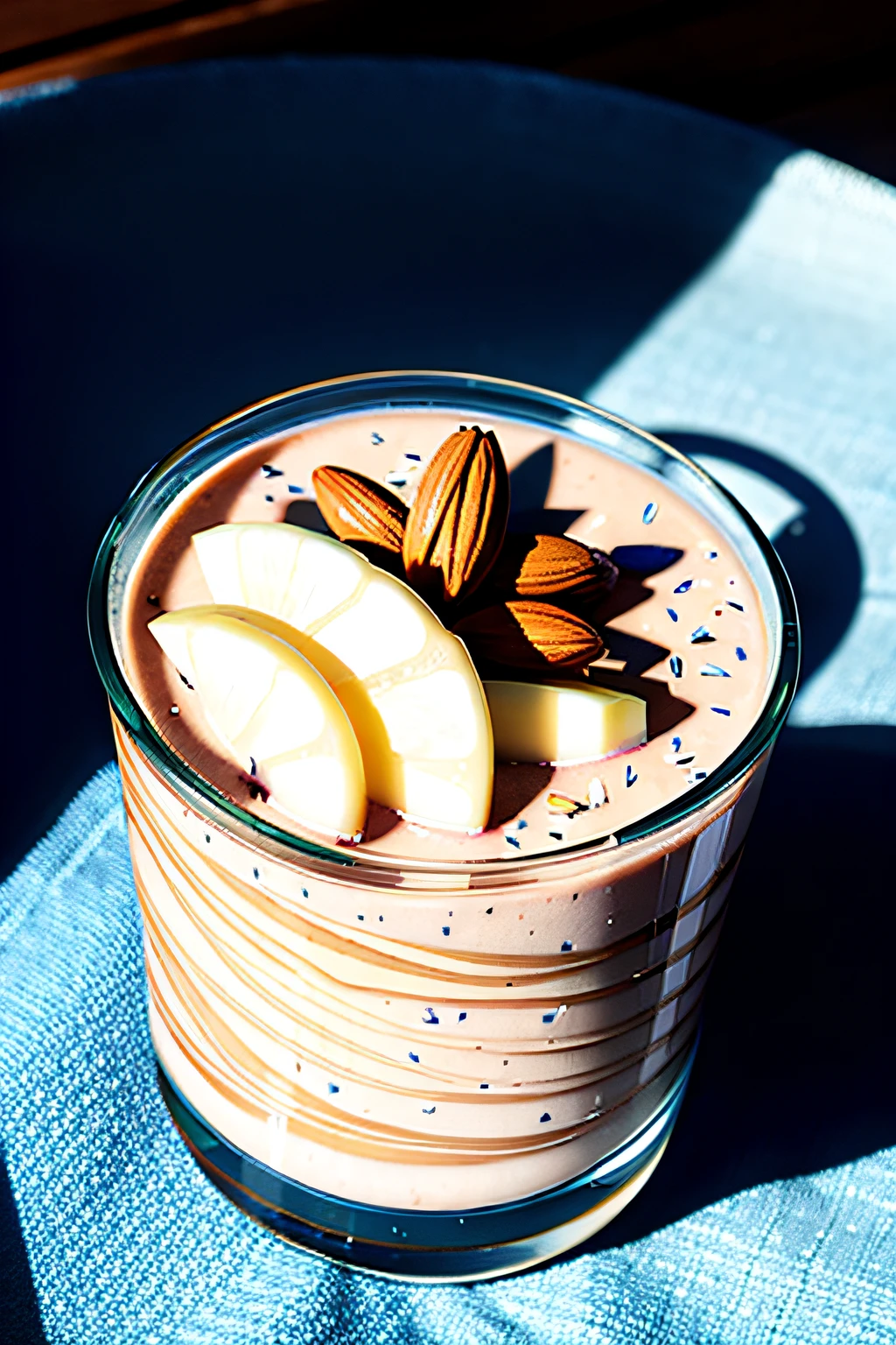 RAW photo, Overnight oats with almond milk and sliced almonds, soft shadows, no contrast, clean sharp focus, foodphoto, hd