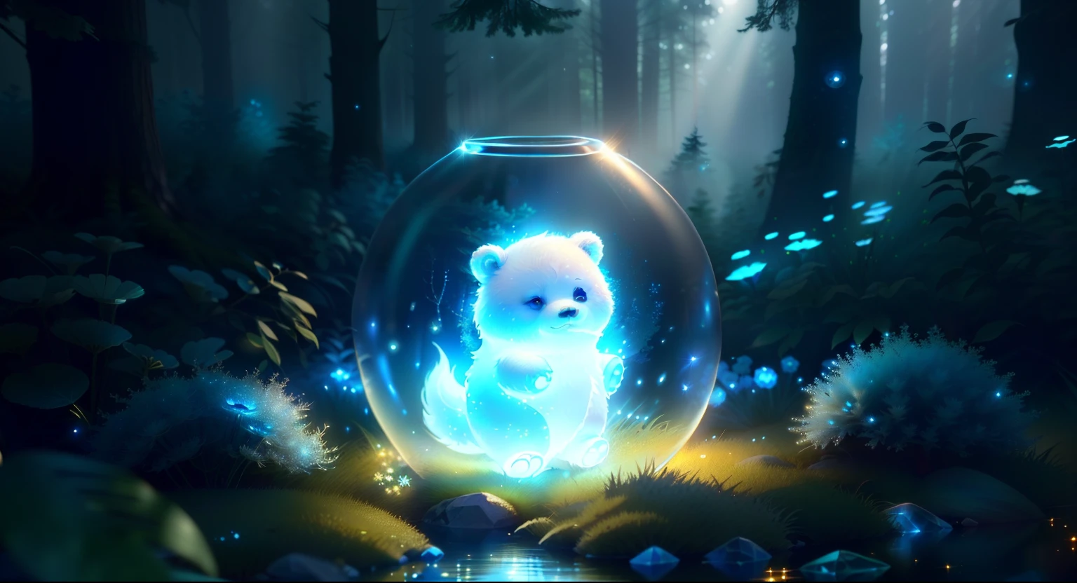 a tiny baby ghost white bear ,beautiful, forest,  summer river shiny glitter texture, soft blue transparent glow,tiny  falling stylize 60000,  colours, shiny glitter +shiny glitter texture pixar animation style, detailed, soft light, octane render, 8k ,tiny fireflies