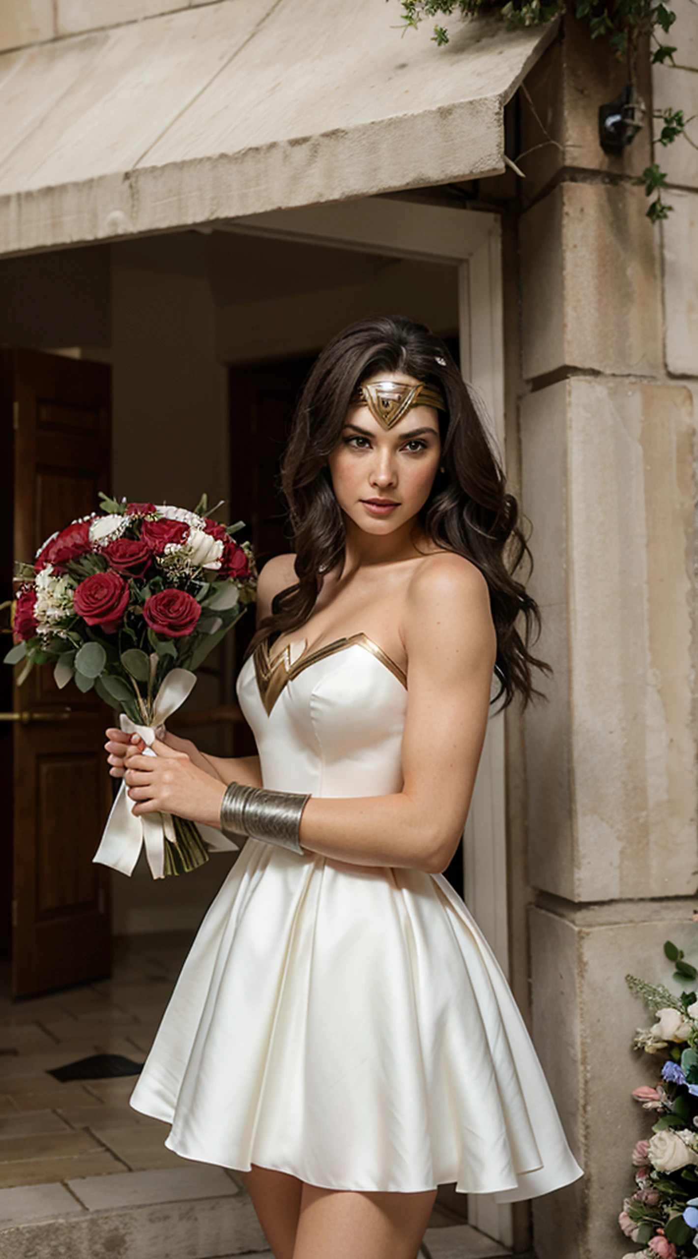 a beauty wonder woman using a beauty wedding dress and with a bouquet of flowers in her right hand