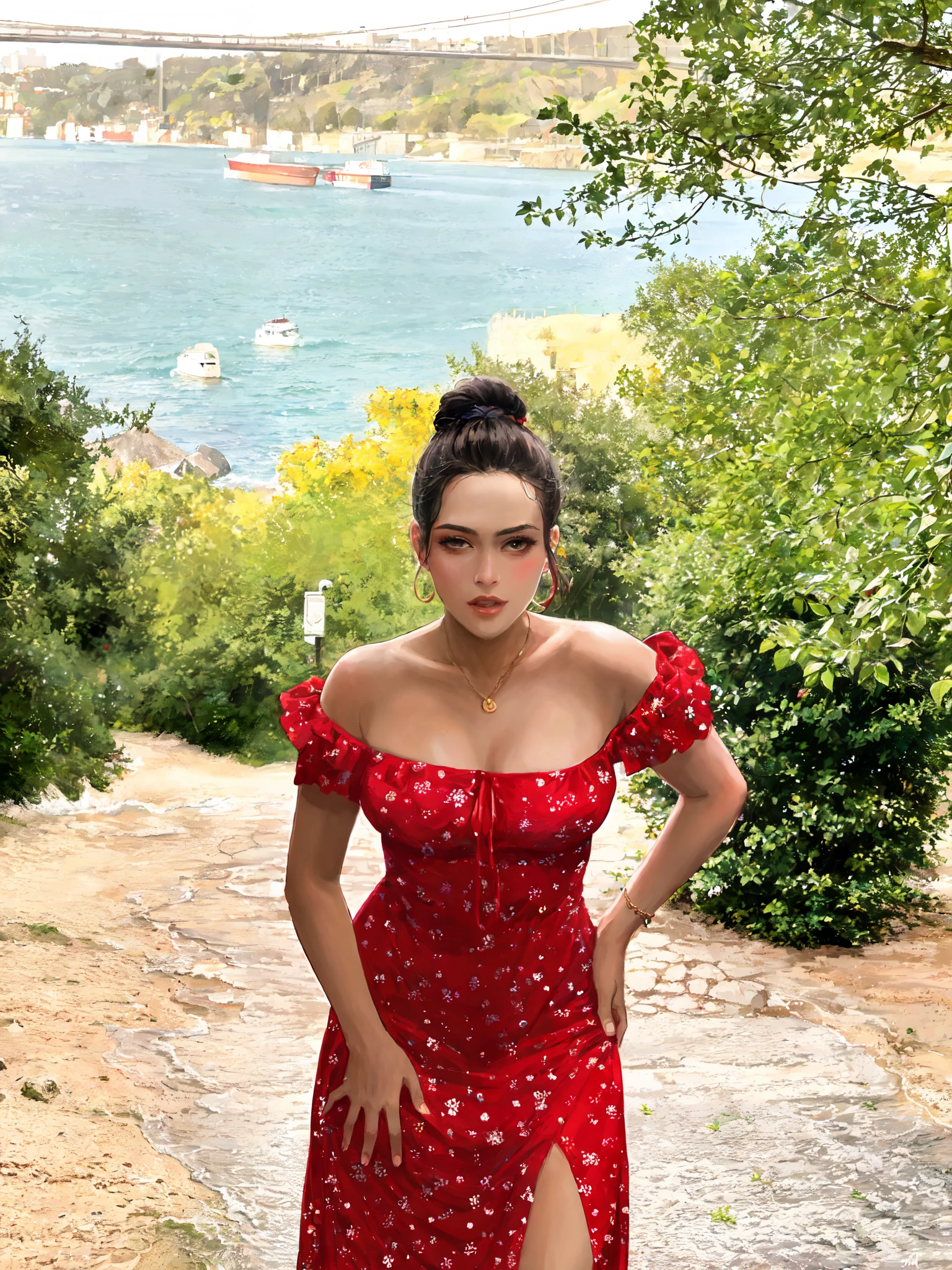 arafed woman in a red dress standing on a path near the water, in a red dress, wearing a red sundress, red floral dress, wearing a red dress, she arrived in a red dress, wearing red dress, gorgeous lady, wearing in a summer dress, girl wears a red dress, katy perry in a red dress, near the beach, in paris