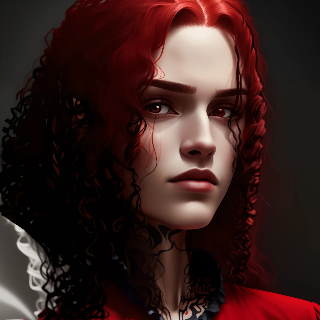 there is a woman with a tattoo on her arm and a red dress, franja encaracolado, cabelos castanhos cacheados, cabelos cacheados, cabelos castanhos cacheados, messy curly hair, long messy curly hair, cabelos cacheados, longos cabelos castanhos inchados cacheados, com longos cabelos cacheados, cabelos cacheados claros, (cabelos cacheados escuros e curtos), seu rosto emoldurado com cachos, com cacheado longo