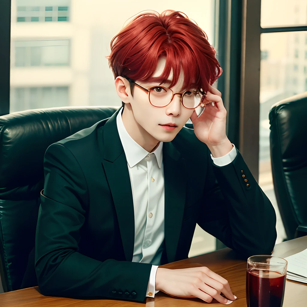 kim taehyung with glasses and red hair