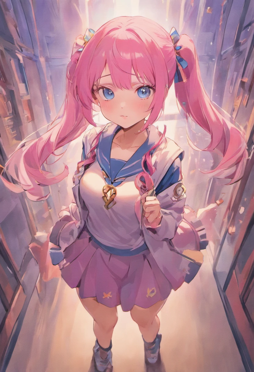 A mature pink haired girl with with twin tail breades. She has blue eyes and a chubby face. She is weareing a a colledge uniform that is to small for her. Her buttons are straining and her fat belly is exposed. Her butt is big but fits in her skirt nicly. Clearly overweight and exhausted from walking.