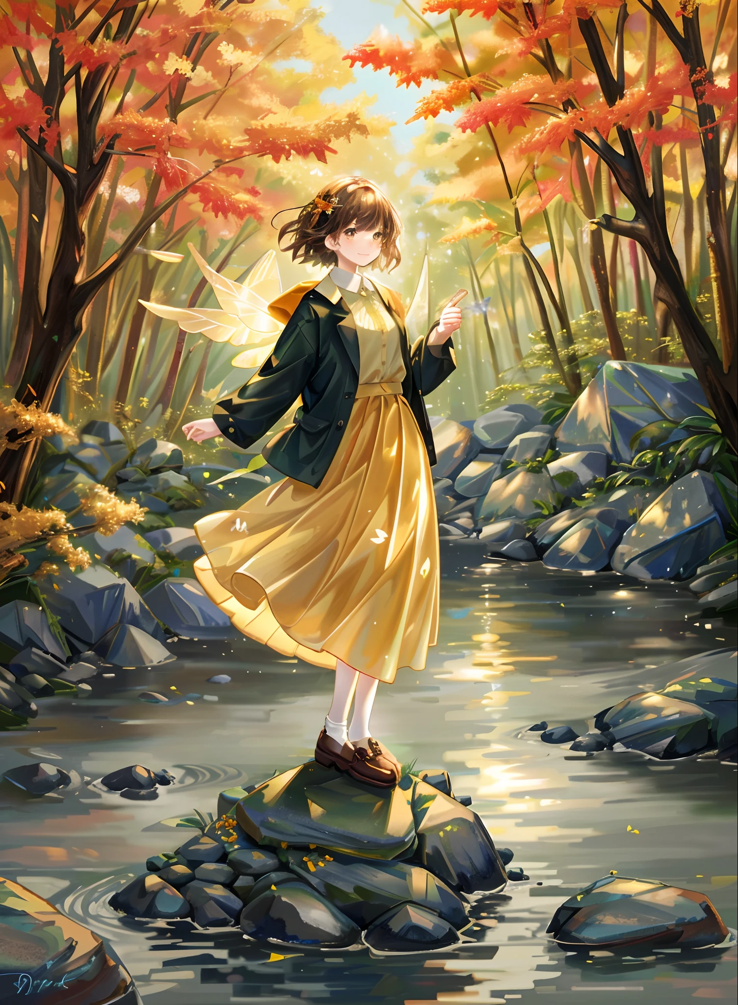 an autumn fairy, 1 woman, leaf wings, long skirt, autumn forest background, cottagecore, river, rocks, standing on a rock, sparkling water, gentle smile, autumn themed outfit, brown, orange, yellow,
