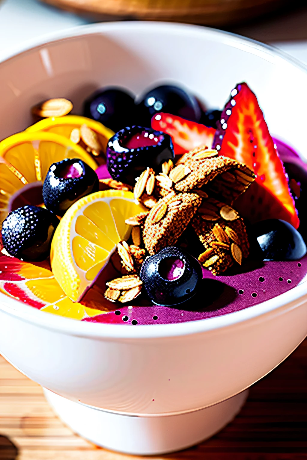 RAW photo, Acai bowl with granola and mixed fruits, no contrast, clean sharp focus, foodphoto,