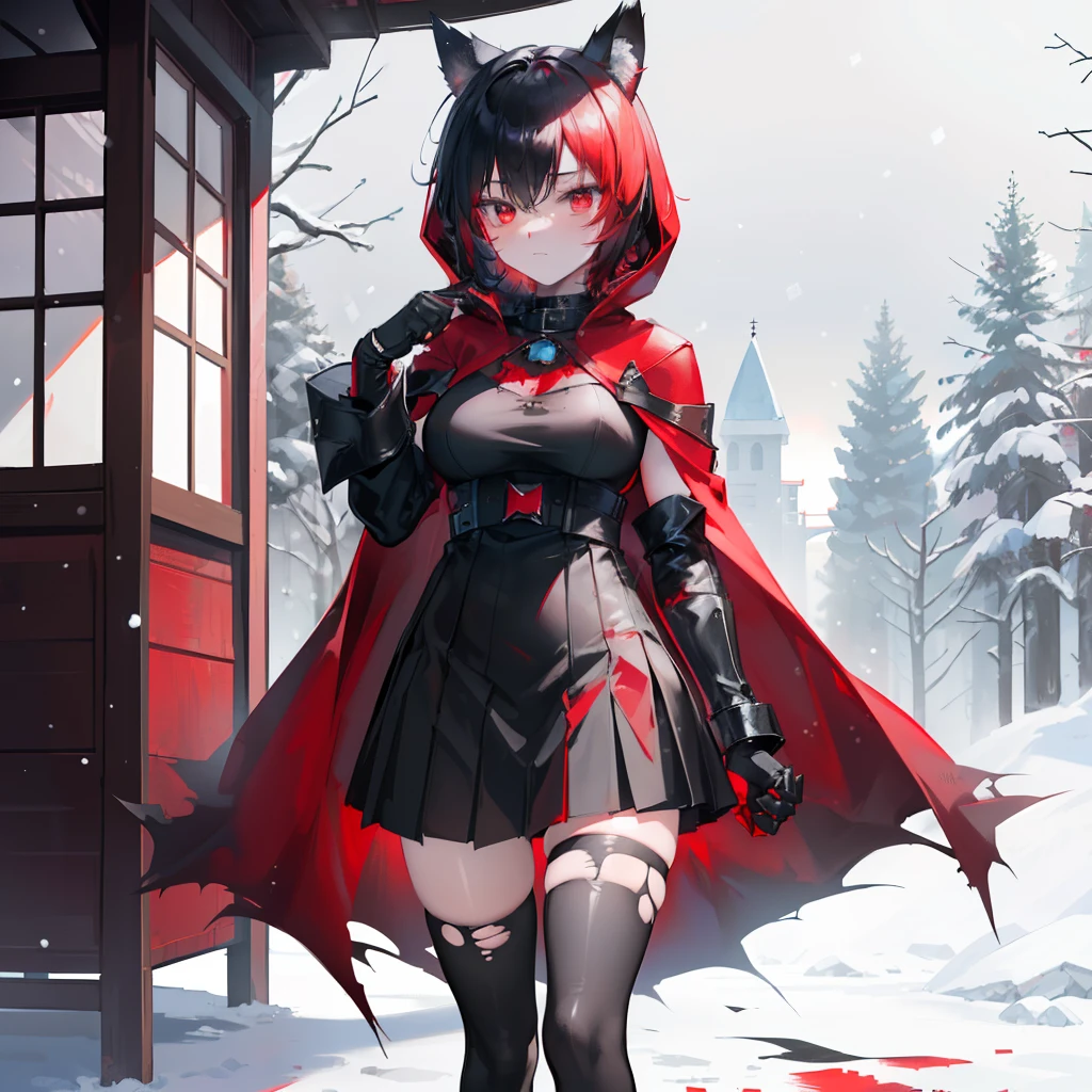 Little Red Riding Hood, masterpiece, high quality, beautiful wallpaper, 16k, animation, illustration, positive perspective, (Ice and snow background :1.4), (cabin background :1.3), perfect human body, complete body, delicate face, delicate features, handsome girl, (), (solo:1.3), ((1girl)), (Red hood :1.5), short hair, (black short hair :1.3), (glowing green eyes), grim smile, Black Hunter style clothing, (black Wolf ears :1.2), (bandages binding hands), (red cape :1.4), (black red-toned clothing), black pleated skirt, (black stockings :1.3), half gloves, (tactical bound legs), ribbon_choker, long black leather boots, (torn clothes :1.5), thin, sexy, (medium breasts :1.3), medium height