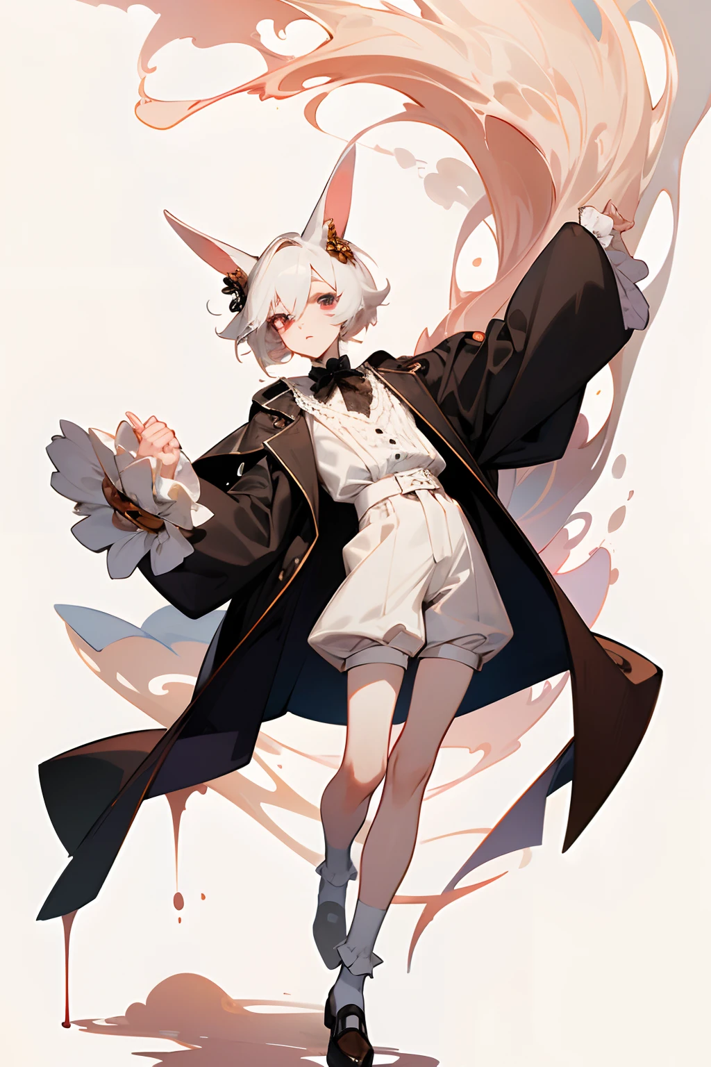 Masterpiece, perfect face, best quality, highest quality, 1boy, male character, short hair, male, anime boy, white hair, red eyes, chin length hair, creepy, yami kawaii, bunny ears, white lace shirt, Peter Pan collar, white skin, bow around neck, detailed lace, original character, detailed design, unique design, many accessories, eyebags, under eye bags, under eye lashes, twink, skinny, starving, full body drawing, for commission, adoptable, white outfit, full-body, no background, creepy cute, wearing shorts, wearing coat, short coat,, all white outfit, male character, anime boy, white background, empty background, full body, rose gold slacks, rose gold cuffs, loose ruffled shirt, dark eyes, slim hands, vintage-style outfit, one character, pumps, holding cane, magician, bones, blood, bunny ears, rabbit ears, nothing in background, pure white outfit, pure white skin, unnaturally white skin, white skin colour, albino, shorts, wearing loose shorts, shota, young man, lovelyboy, big bow on back, fluffy hair, puffy shorts, ruffled socks, slim legs, splash art, gacha splash, high rarity, pure white skin, shoulder length hair, fluffy hair