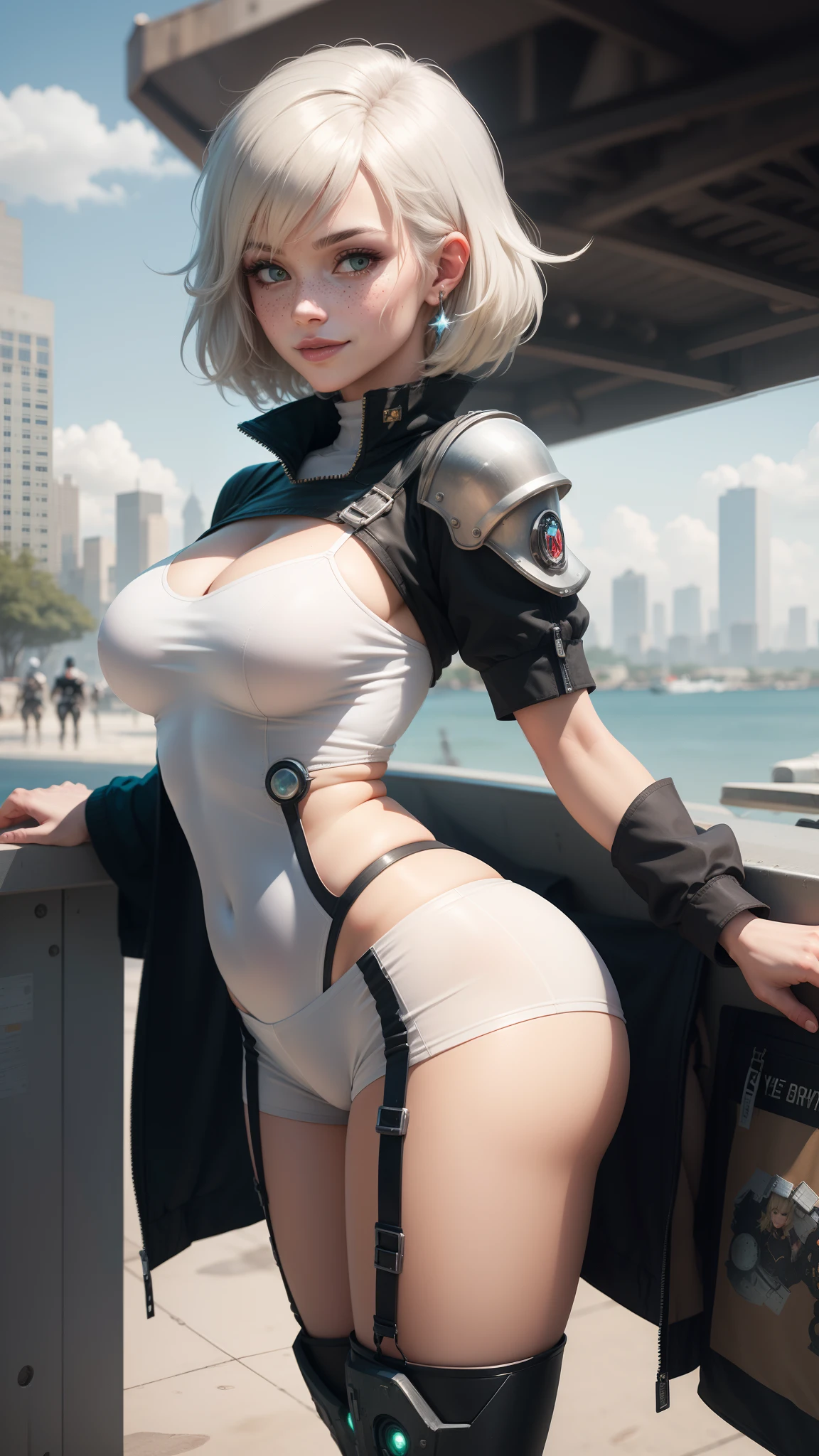 gwen tennyson,y'shtola rhul,yorha 2b, tracer,nier automata,overwatch,close up,mecha pilot,city view,tattoos,white and silver plugsuit,white short sleeve lycra top,white lycra micro shorts,steel garter belt,uncovered belly,short hair, cute makeup,green eyes,dimensional blonde hair,shy smile,freckles,beautiful girl,large breasts,8k hd,ultra detailed, realistic,fantasy art,cyborg armor,steel armor,harbor shore,pilot uniform,ear piercings,hair pin,saiyan girl,super saiyan female,short sleeve pilot jacket,thigh high boots,beautiful water,from behind,
