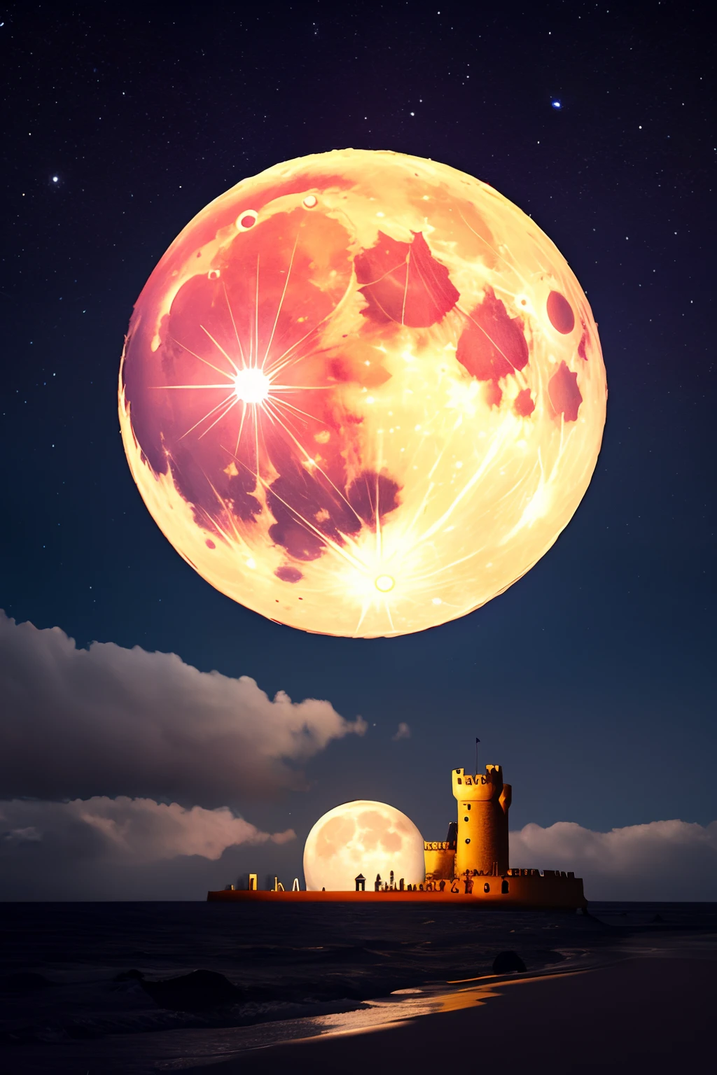 Create a full moon made of cheese in a starry sky, no lado escuro da lua tem um castelo cyberpunk soltando soltando vapor