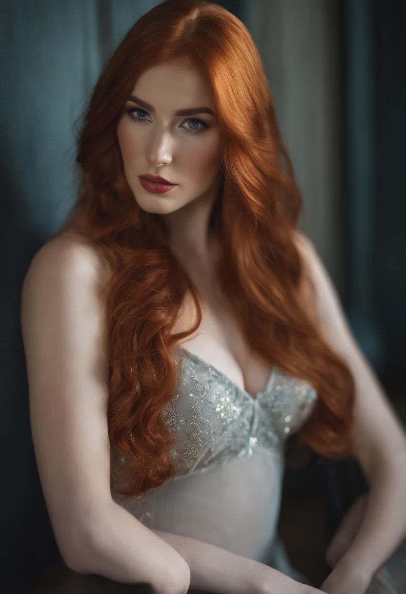 ((pale red haired)), ("Jia Lissa ", "Lauren Phillips").blend(1, 1), fake boobs, wavy hair, very long hair, makeup, embarrassed, dashed eyes, chromatic aberration, depth of field, god rays, reflection light, backlighting, film grain, chromatic aberration, cinematic lighting, depth of field, anatomically correct, super detail, best quality, highres