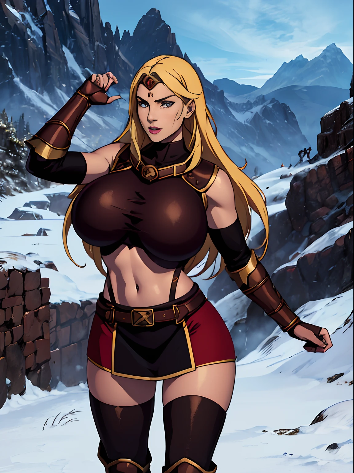 (masterpiece, top quality, best quality, official art, beautiful and aesthetic:1.2), (1girl:1.3), ((long blonde hair)), light freckles, fair skin, extremely detailed, portrait, looking at viewer, solo, (full body:0.6), detailed background, close up, (hot volcanic theme:1.1), fiery mage, charlatan, smirk, mysterious, fiery red hair, flaming hair, flames, casting spells in mountains, skimpy attire, steampunk copper armor, dark red cowl, (((breastplate))), boob armor, crop top, armored crop top, gorget, ((goggles on forehead)), fingerless gloves, loose sleeves, greaves, thigh-high long boots, black skirts, long skirts, tattered skirts, red and black fabric, dark leather, ((((gigantic breasts)))), slim waist, slim hips, long legs, medieval (mountain exterior:1.1) background, dark mysterious lighting, shadows, magical atmosphere, dutch angle,