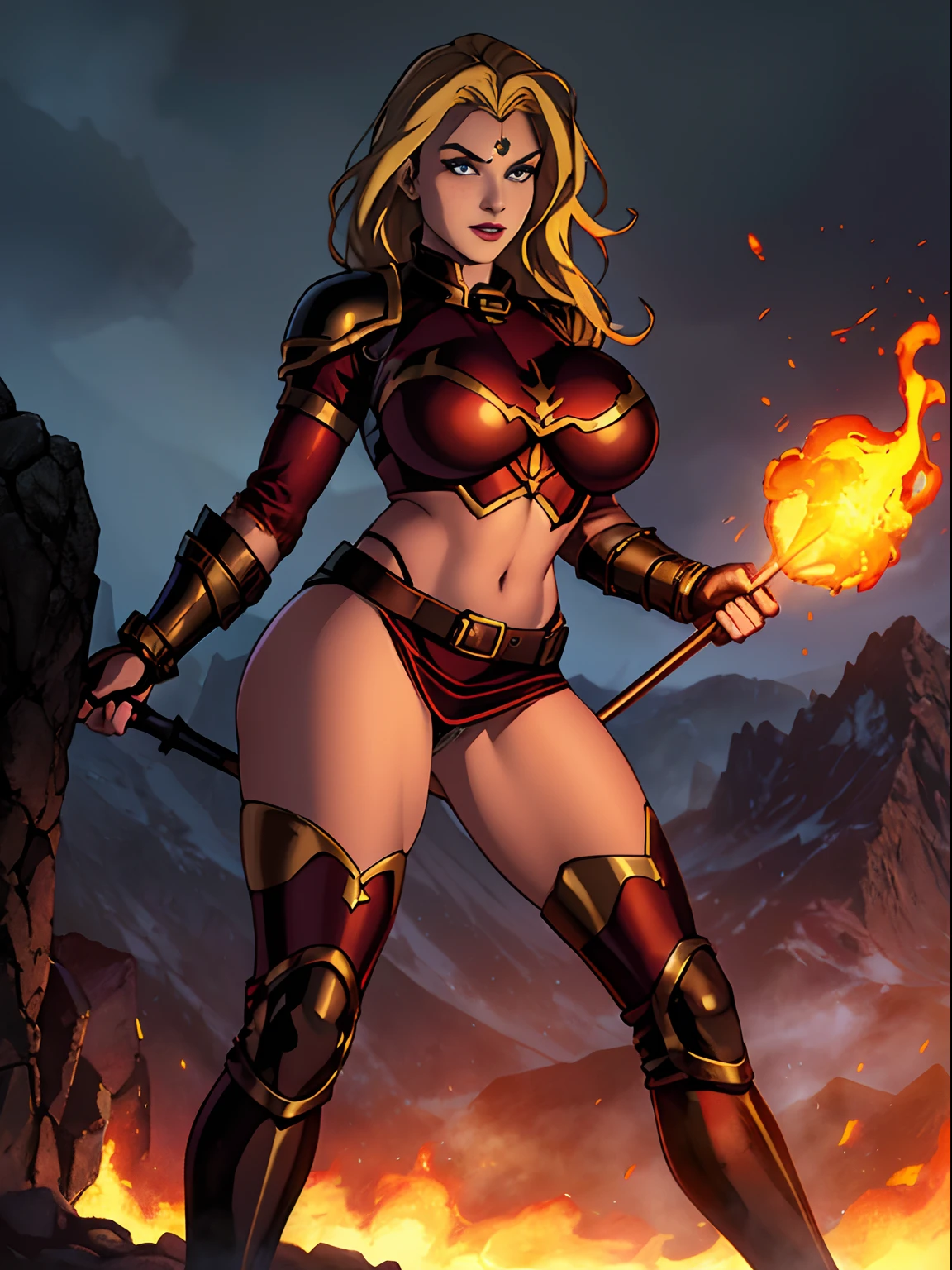 (masterpiece, top quality, best quality, official art, beautiful and aesthetic:1.2), (1girl:1.3), ((long blonde hair)), light freckles, fair skin, extremely detailed, portrait, looking at viewer, solo, (full body:0.6), detailed background, close up, (hot volcanic theme:1.1), fiery mage, charlatan, smirk, mysterious, fiery red hair, flaming hair, flames, casting spells in mountains, skimpy attire, steampunk copper armor, dark red cowl, (((breastplate))), boob armor, crop top, armored crop top, gorget, ((goggles on forehead)), fingerless gloves, loose sleeves, greaves, thigh-high long boots, black skirts, long skirts, tattered skirts, red and black fabric, dark leather, ((((gigantic breasts)))), slim waist, slim hips, long legs, medieval (mountain exterior:1.1) background, dark mysterious lighting, shadows, magical atmosphere, dutch angle,