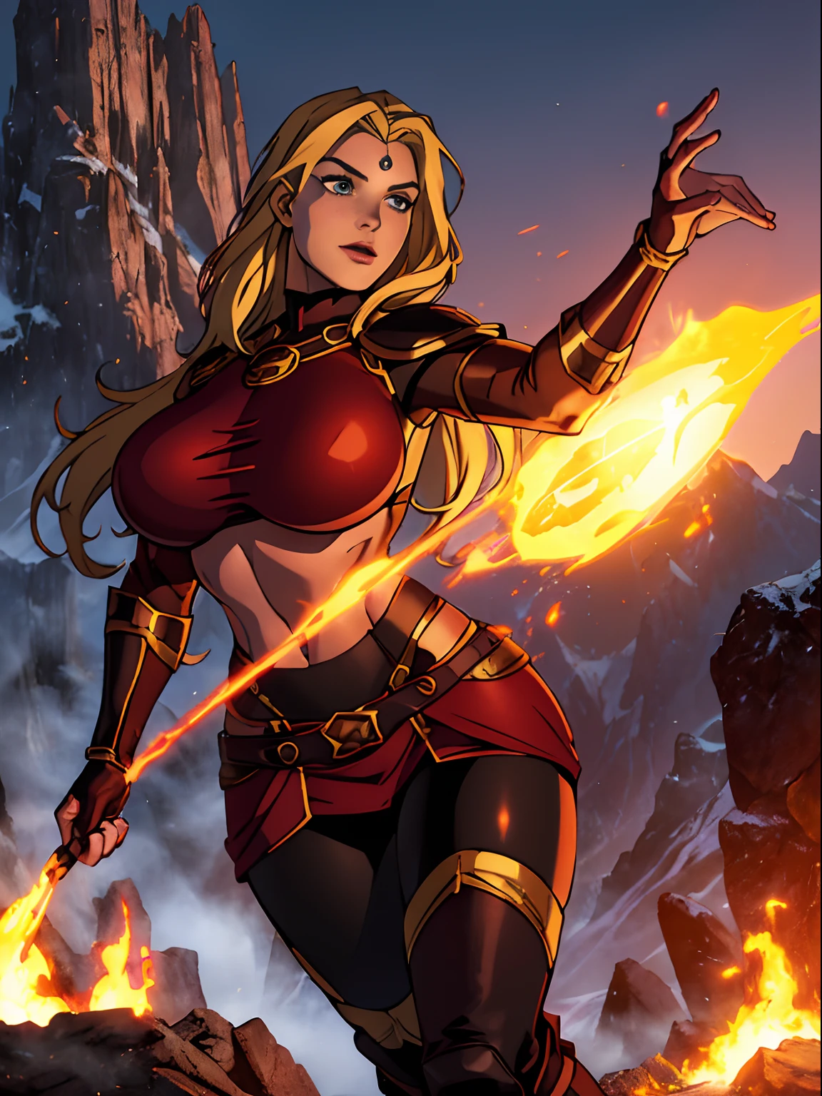 (masterpiece, top quality, best quality, official art, beautiful and aesthetic:1.2), (1girl:1.3), ((long blonde hair)), light freckles, fair skin, extremely detailed, portrait, looking at viewer, solo, (full body:0.6), detailed background, close up, (hot volcanic theme:1.1), fiery mage, charlatan, smirk, mysterious, fiery red hair, flaming hair, flames, casting spells in mountains, skimpy attire, steampunk copper armor, dark red cowl, (((breastplate))), boob armor, crop top, armored crop top, gorget, ((goggles on forehead)), fingerless gloves, loose sleeves, greaves, thigh-high long boots, black skirts, long skirts, tattered skirts, red and black fabric, dark leather, ((((gigantic breasts)))), slim waist, slim hips, long legs, medieval (mountain exterior:1.1) background, dark mysterious lighting, shadows, magical atmosphere, dutch angle,