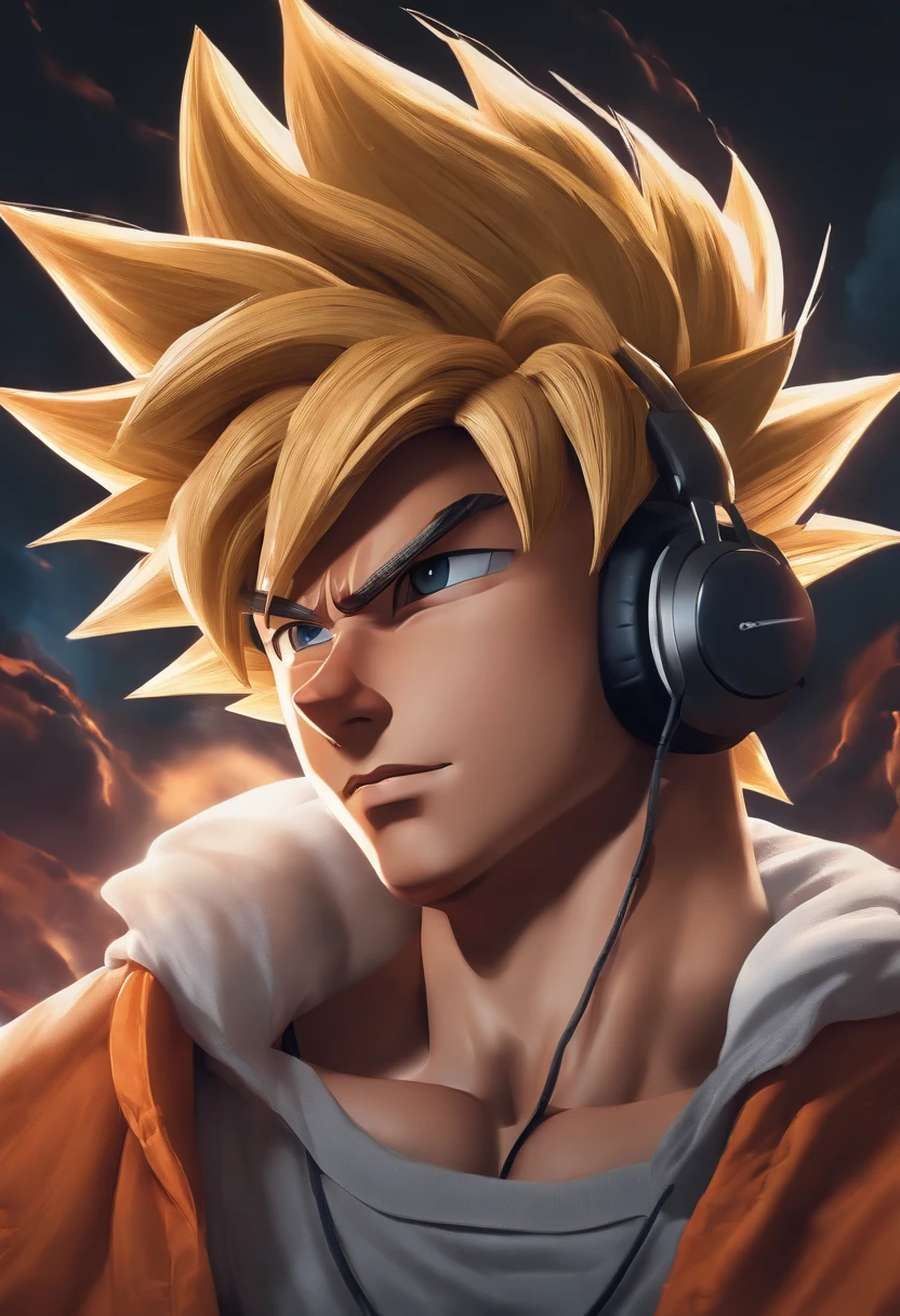 Perfect centering, Cute goku art, Wear a jacket, Wearing sunglasses, Wearing headphones, cheerfulness, Standing position, Abstract beauty, Centered, Looking at the camera, Facing the camera, Approaching perfection, Dynamic, Highly detailed, Smooth, Sharp Focus, 8K