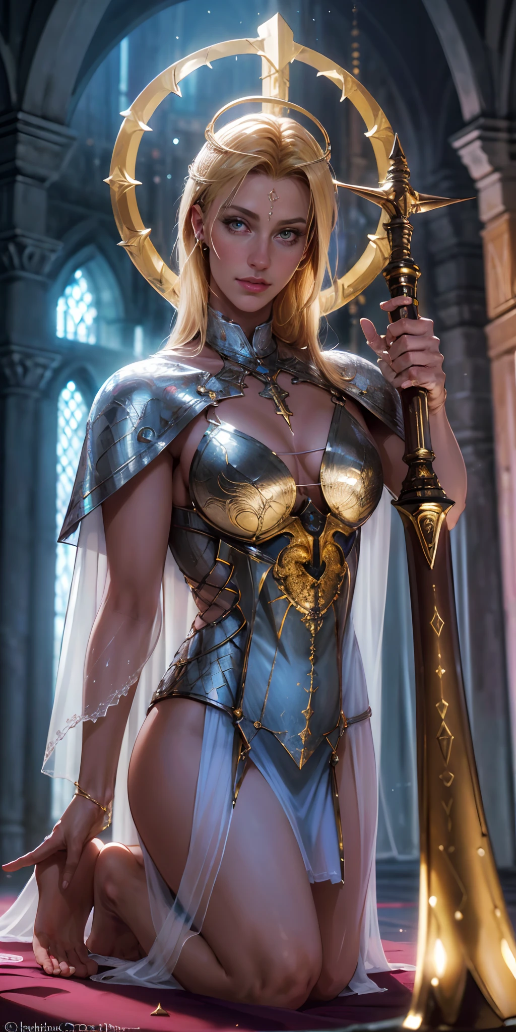 low-up angle, de baixo, Paladin Templar Senhora em Tabardo branco, legwear, olhos amarelos brilhantes, colar, Chainmail dourado, quadris largos, barefoot, Asas de Anjo, pauldrons, halo, corte de bob, louro, foco ocular, capa vermelha, templo dentro de casa, decorations, vitrais, Noite, particuls, chromatic aberration, circunstanciado, cinemactic, cena escura, fantasia