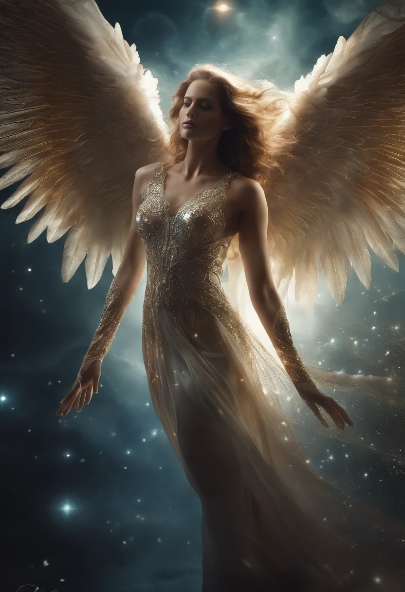 cosmic fallen angel, olhos claros brilhantes, Biomechanicals, estranho, assustador, Pesadelo, cores muito brilhantes, light particles, com luz brilhante, Mshiff, Arte do papel de parede, Papel de parede UHD