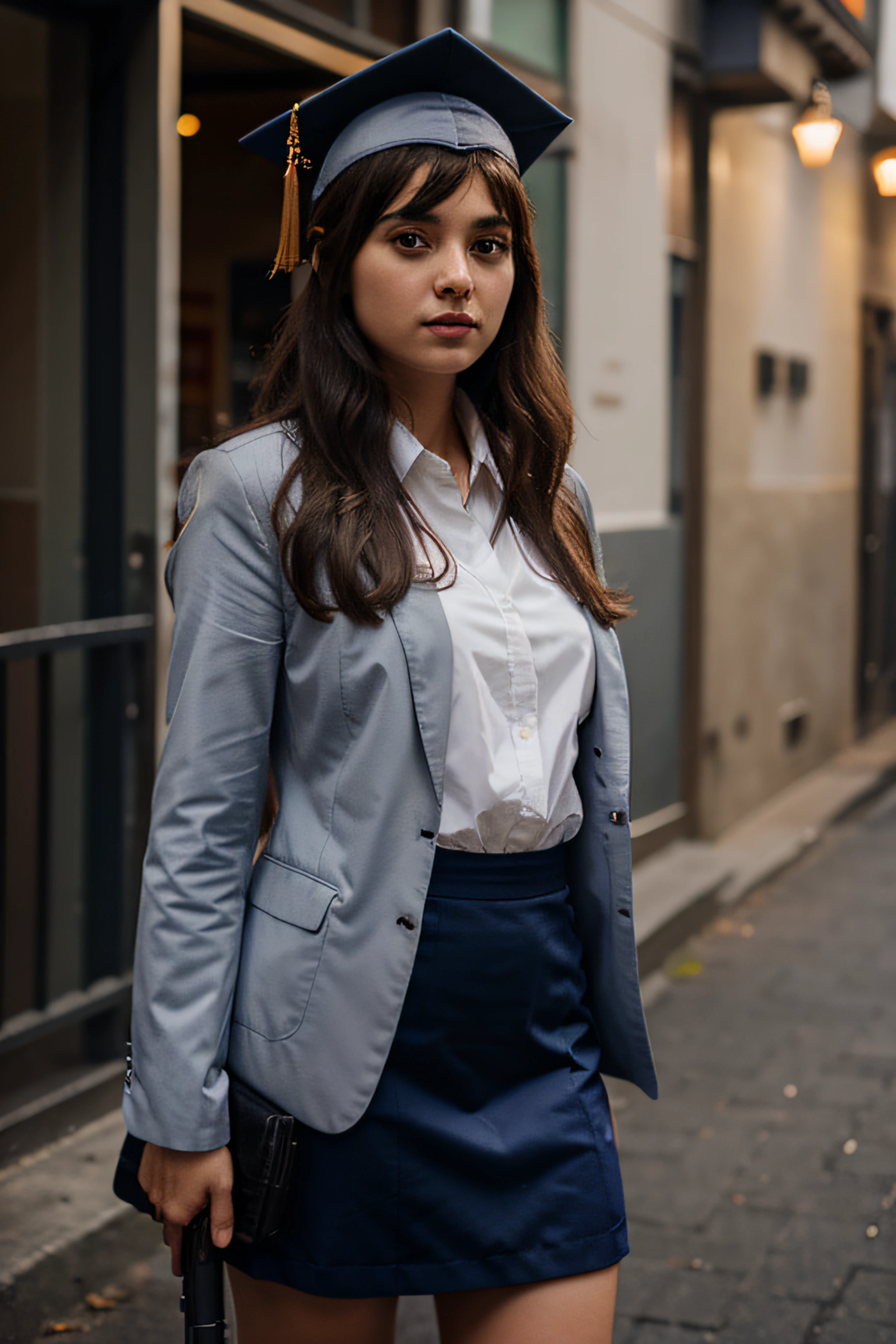 A girl with a graduation ceremony clothes and with a gun on hands