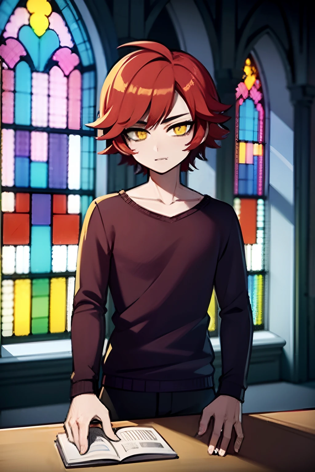 Yong boy with red hair, bob haircut, white sweatshirt, black pants, yellow eyes, in a cathedral with a rainbow stained glass, blue and purple stained glass, white architecture, 4k, master piece, wallpaper