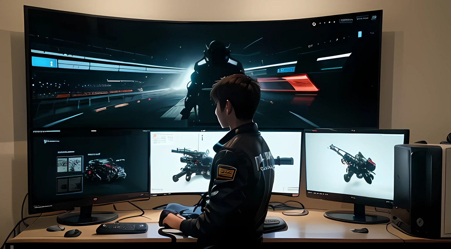 a boy is playing forza racing game at a modern computer with triple screen in a room full of gadgets, snown ,web developer, by makoto shinkai and ghibli studio, outlined silhouettes, dramatic lighting, highly detailed, incredible quality, trending on artstation, masterpiece, 8k,