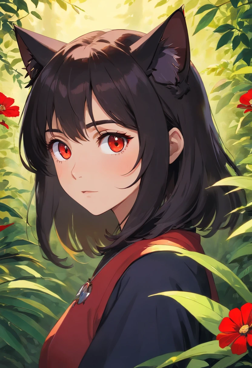 (Best Quality,4k,8K,hight resolution,Masterpiece:1.2),Ultra-detailed,(Realistic,Photorealistic,photo-realistic:1.37),Black Cat,red and black background,Dark colors,High contrast,vegetation,Lush green leaves,Flowing Branches,colorful flowers,Mysterious atmosphere,dappled sunlight,sharp-focus,Fur with rich details,Fierce Yellow Eyes,A curious expression,skinny body,Graceful stance,mesmerizing stare,dramatic lighting,deep-shadows,Sinister silhouette,contrasting textures,mysterious aura,Rich color palette,Elegant poses,striking composition,subtle gradients,subdued tones,soft highlights,Dynamic poses,Stunning visual impact,Bold color scheme,Hidden secrets,Glowing glow,Red Splashes,Contrasting shapes,Unearthly beauty,Majestic presence