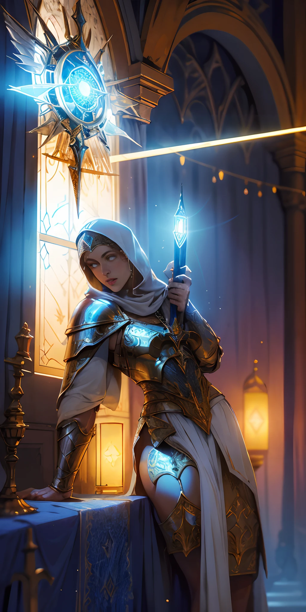 low-up angle, de baixo, Paladin Templar Senhora em Tabardo branco, legwear, olhos amarelos brilhantes, colar, Chainmail dourado, quadris largos, barefoot, Asas de Anjo, pauldrons, halo, corte de bob, louro, foco ocular, capa vermelha, templo dentro de casa, decorations, vitrais, Noite, particuls, chromatic aberration, circunstanciado, cinemactic, cena escura, fantasia