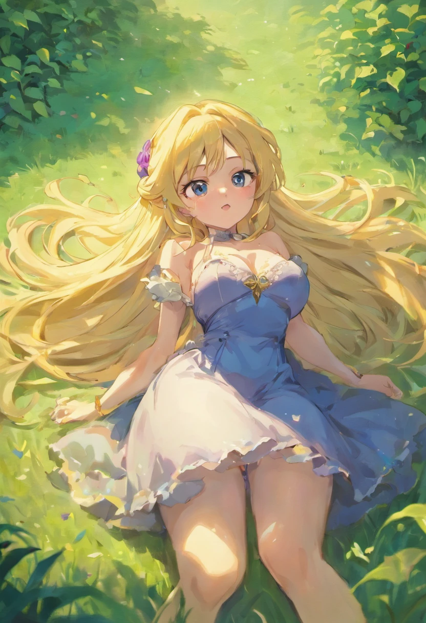 Rapunzel has been tackled on the grass, and lieing on her back. Rapunzel has long blonde hair, a low cut mini dress, large breast, and Rapunzel is 18 with an adult body; her eyes are closed and she is unable to get up from the attack. Rapunzel looks like she is sleeping. Anime, close up shot, detailed body, intricate dress, messy hair, extra large breasts