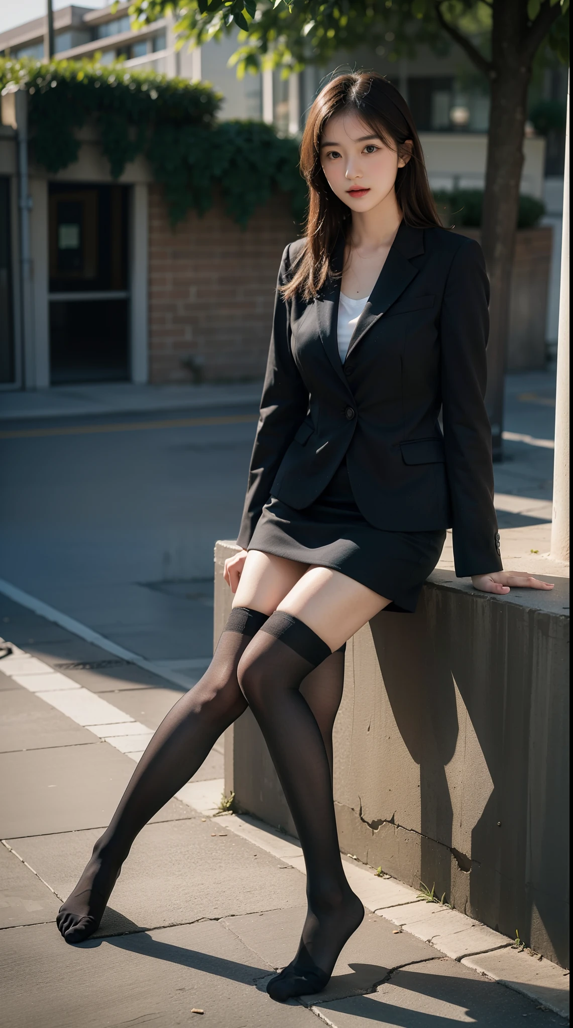 Woman in a suit standing on the sidewalk,((25-year-old woman))、Big Breasts、Dark brown hair color、Hairstyle with bangs、Various hairstyles、Hairstyles of different lengths、(8k, RAW Photos, highest quality, Tabletop: 1.2),、(Realistic, Realistic: 1.3), Cityscape,office district, Day, Sunny Morning, Professional Lighting, Photon Mapping, shirt, (Woman in a suit:1.1), ((Silk Suit:1.3))、A-line skirt、(Tight Skirt:1.4)、((Delicate photo)),(Detailed RAW Photos of Girls), (Tabletop:1.25), (highest quality:1.3), (high resolution:1.4), (Realistic:1.75), 8k resolution, Canon EOS R5, 50mm, absurdes, Ultra-detailed,Cinema Lighting, (Skirt Lift:1.4)、nsfw、smile、Skirt flipped up、sexy panties