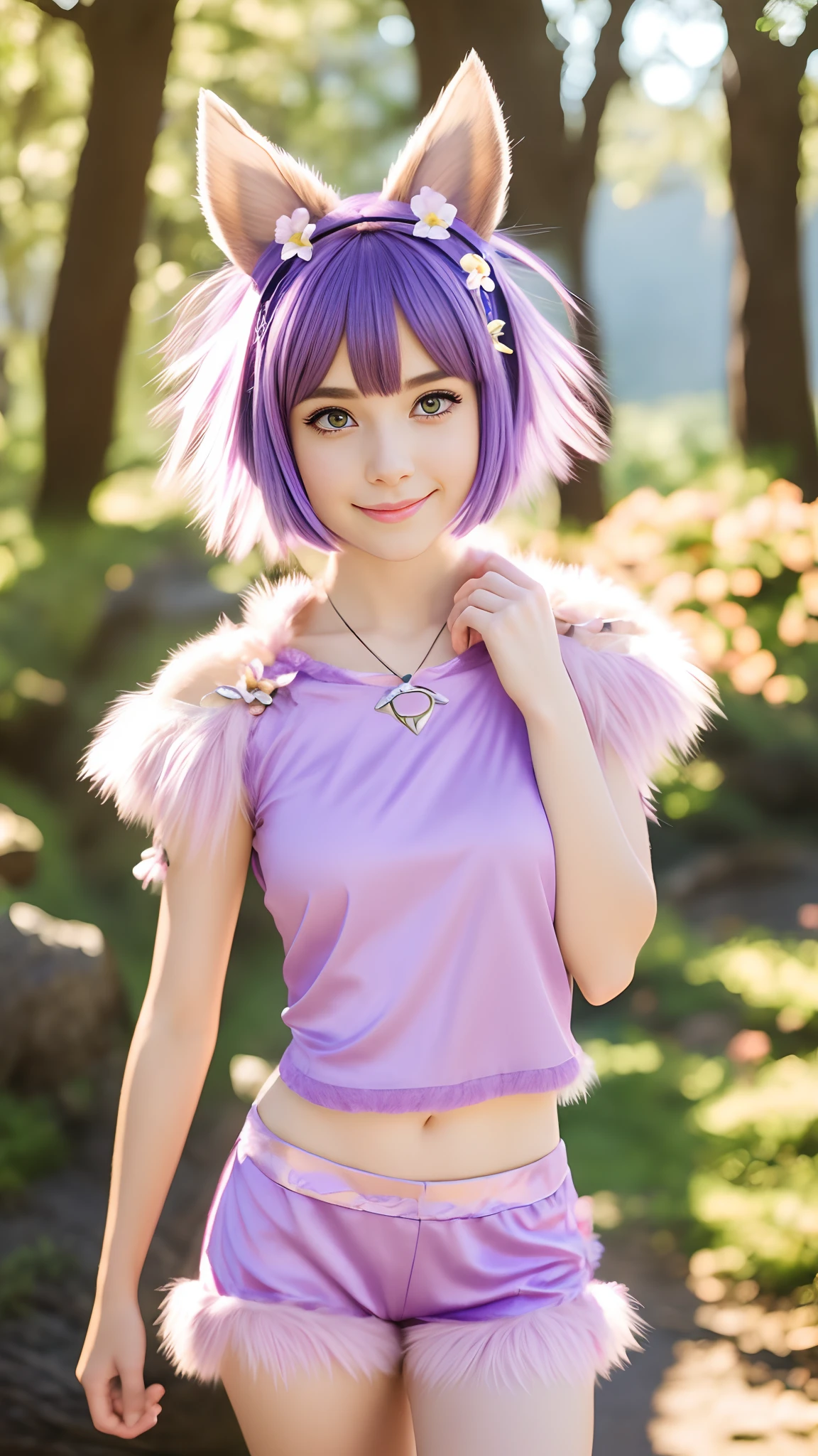 fairy female, solo, dot_warner_shoujo, short hair, bangs, flower, hair ornament, purple eyes, animal ears, body fur, tail, learher armor, shorts, pink top, smile, looking at viewer, city