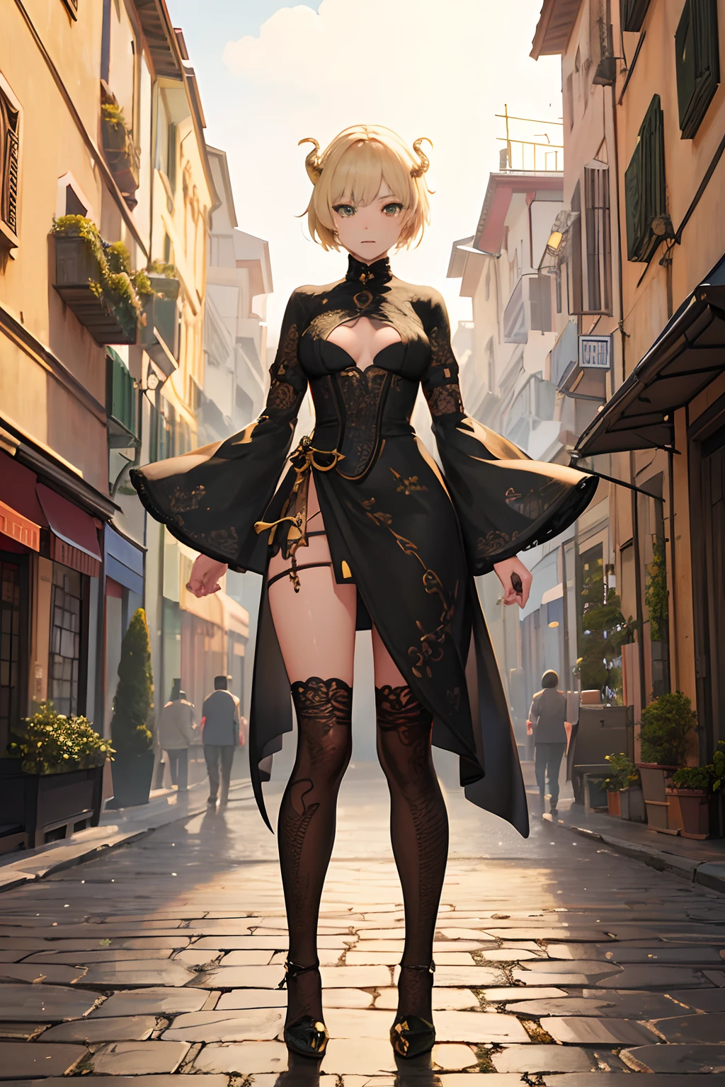(simplistic),full body view,intricate details,(best quality),(masterpiece:1.2),(detailed:1.2),(sharp focus), blonde short hair, girl, anime girl, short, very short, mature, old, snake fangs, snake eyes, green eyes, italian, italia, dumb face, dumbass, ((alone)), city background