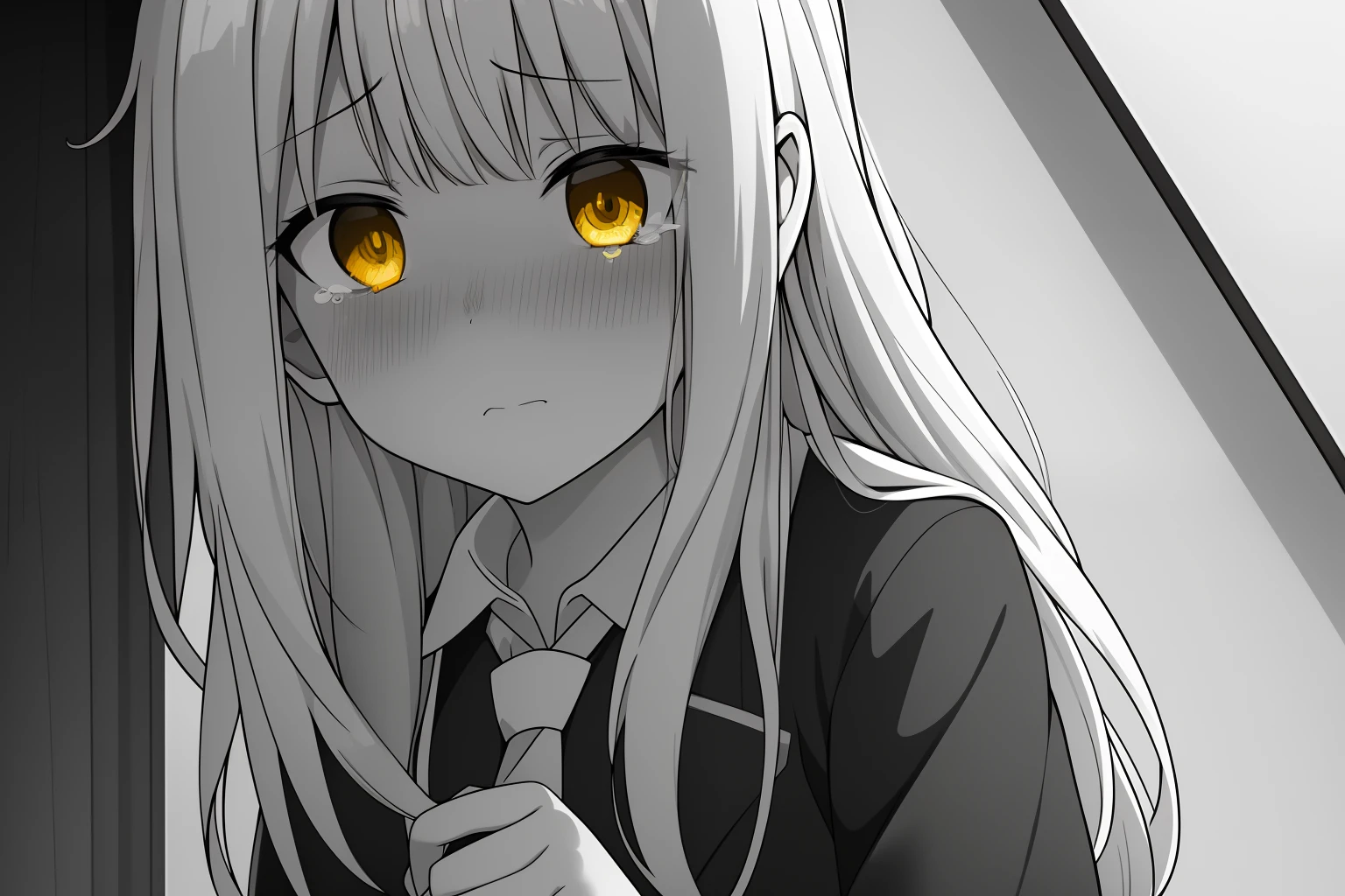 , 1girl, blush, house , set , collared_shirt, , greyscale, hetero, white long_hair, monochrome, necktie, shirt, above side viewpoint, bird viewpoint, yellow eyes , sad , crying