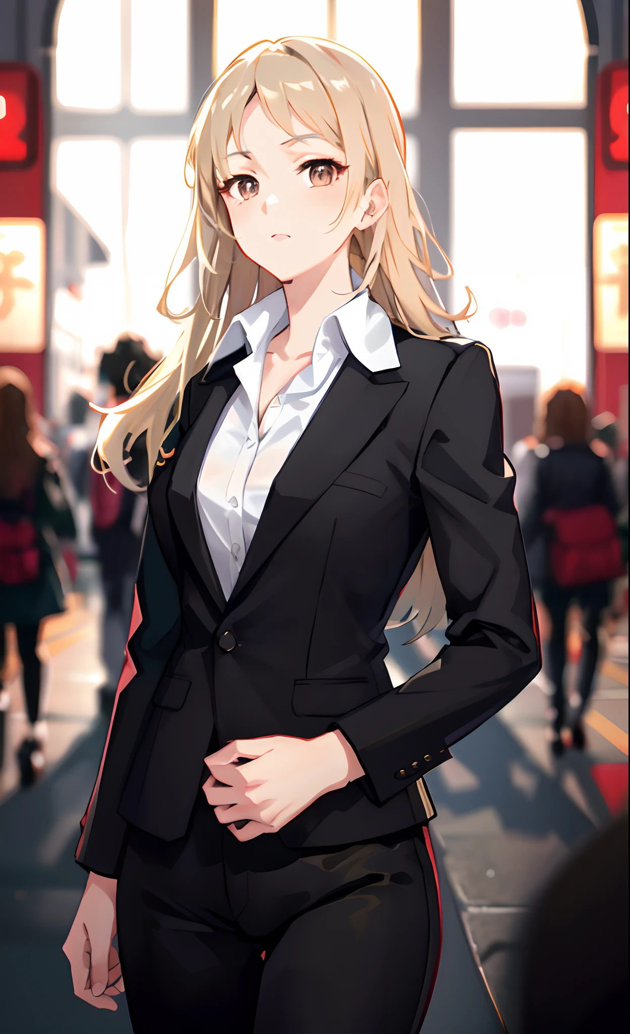anime - style image of a woman in a business suit in a crowded area, girl in a suit, girl in suit, well - dressed, from girls frontline, in a strict suit, in strict suit, fine details. girls frontline, girls frontline style, blonde anime girl with long hair, digital anime illustration, painted in anime painter studio, at pixiv, dark brown eyes, black business pants, serious, 4k resolution