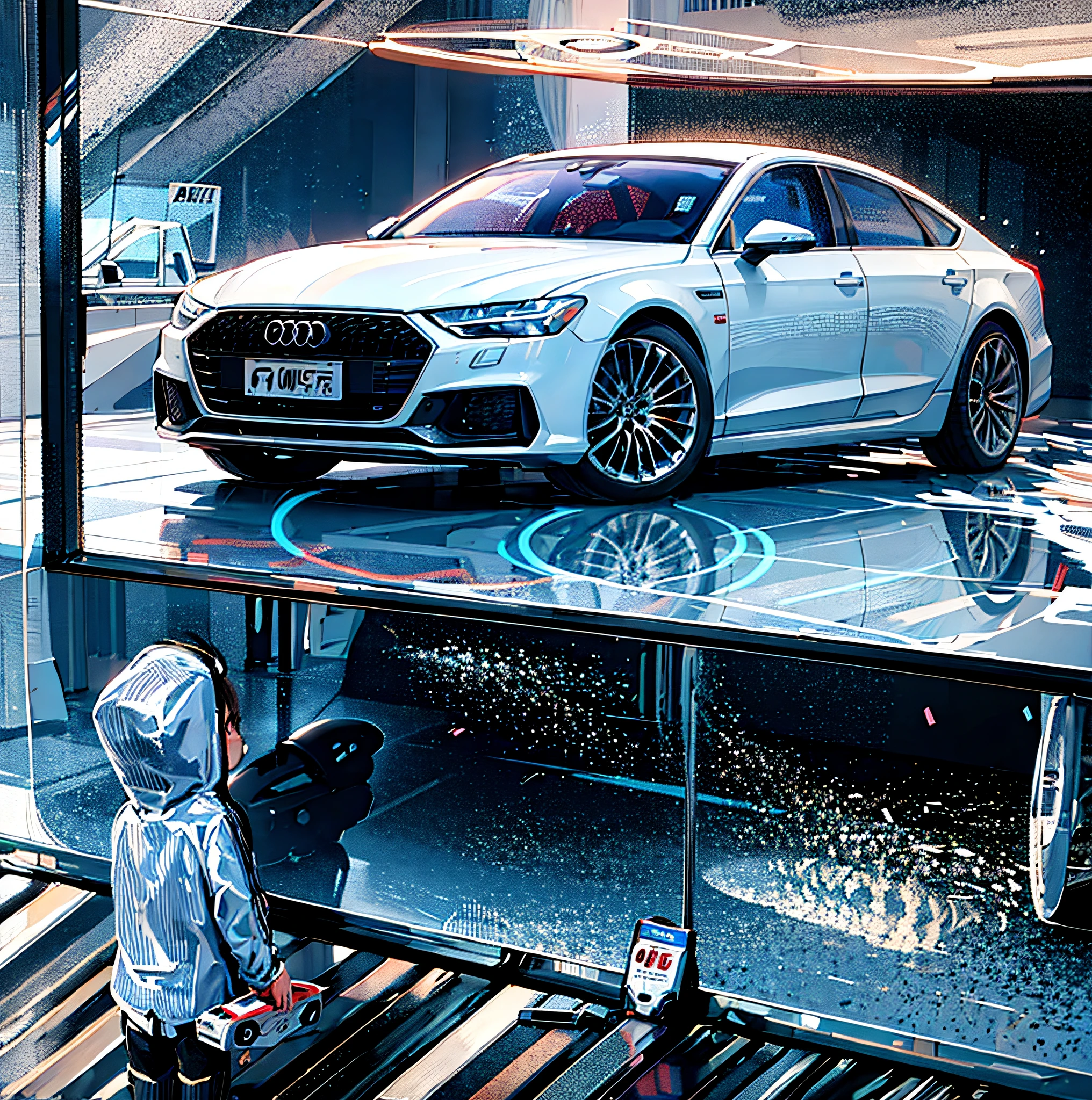 A child in a white raincoat looks at the new Audi A7 in a shop window，Toy car in hand，8K，4K