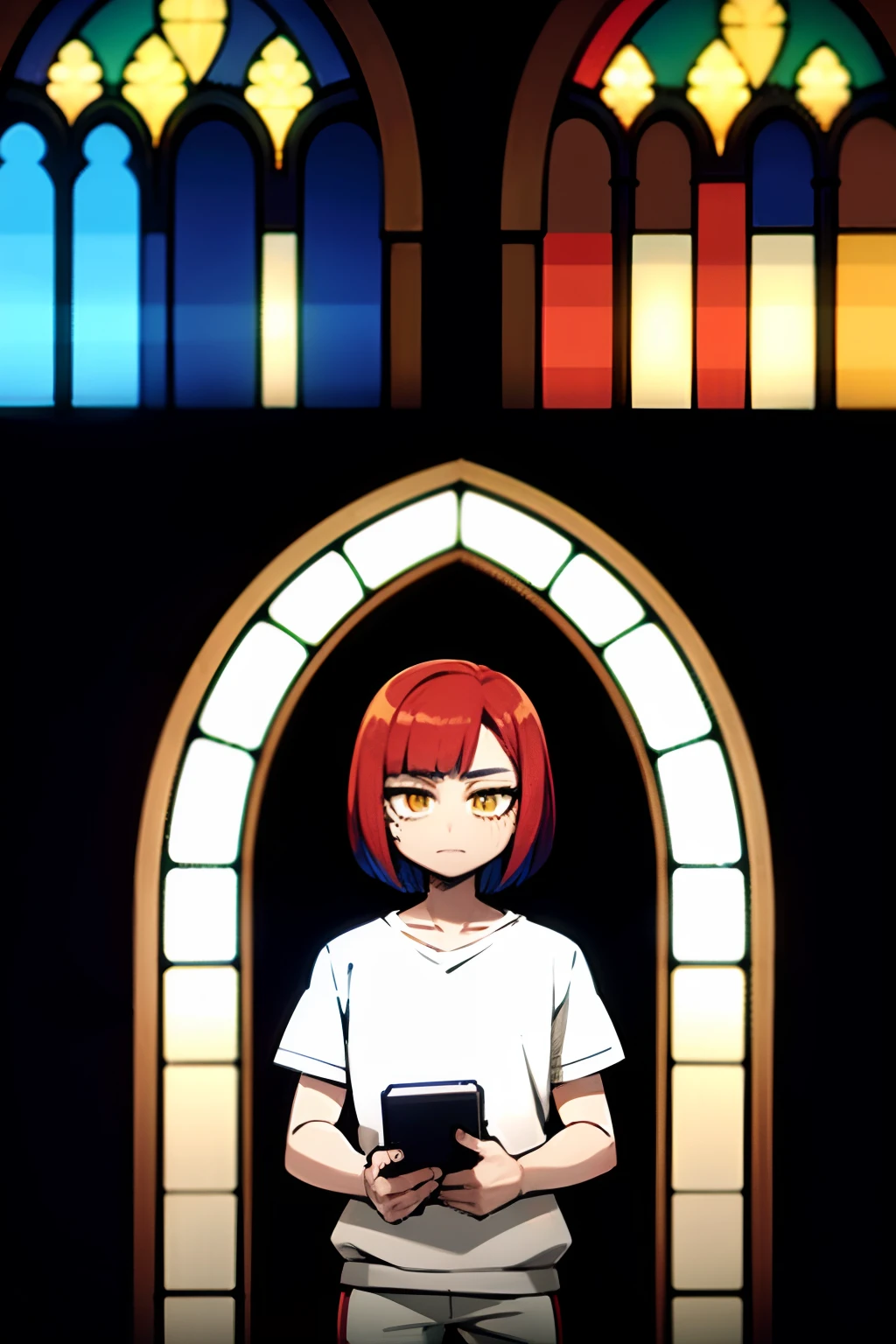 Yong boy with red hair, bob haircut, white sweatshirt, black pants, yellow eyes, in a cathedral with a rainbow stained glass, blue and purple stained glass, white architecture, 4k, master piece, wallpaper