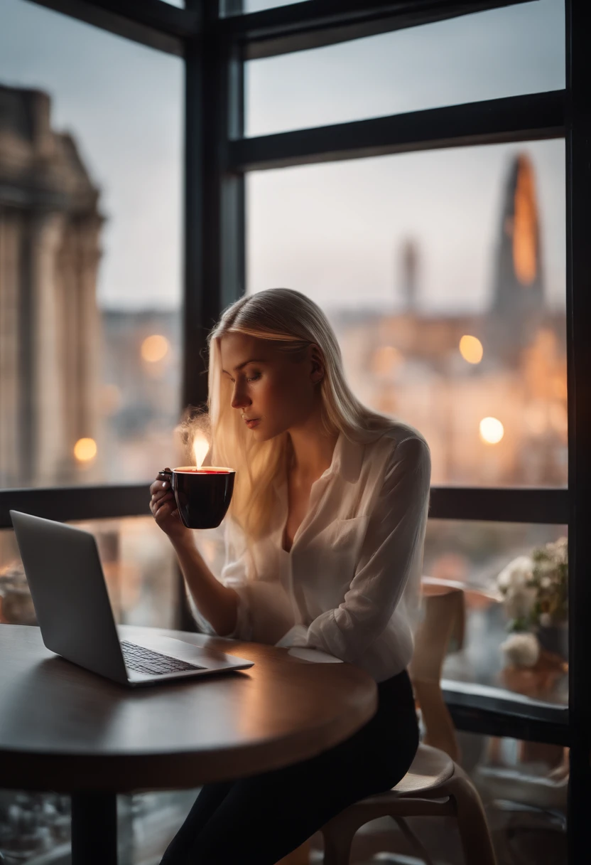 blonde white working on pc. cup of coffe and lava lamp on table. window with city background.