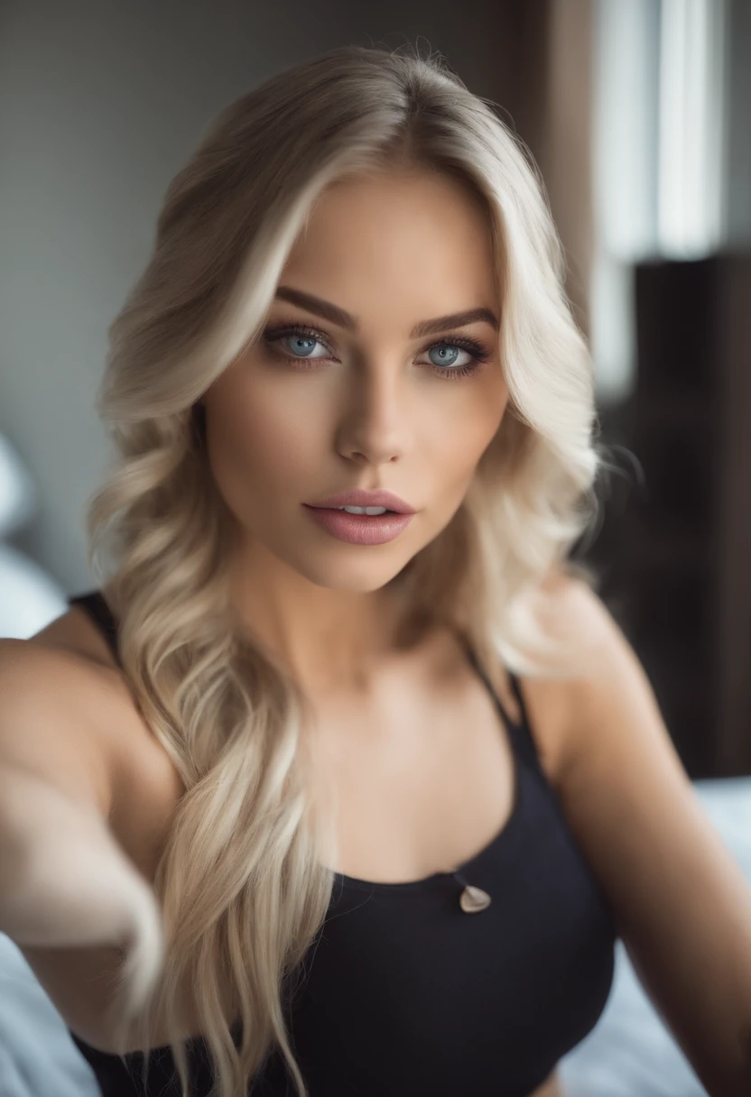 woman with matching tank top and panties, Sexy girl with blue eyes, portrait sophie mudd, portrait corinna kopf, blonde hair and large eyes, Selfie in club, Augen im Schlafzimmer, Violet Myers, ohne Make-up, Natural makeup, Blick direkt in die Kamera, Gesicht mit Artgram, dezentes Make-up, Stunning full body shot, im Schlafzimmer, Spaltung